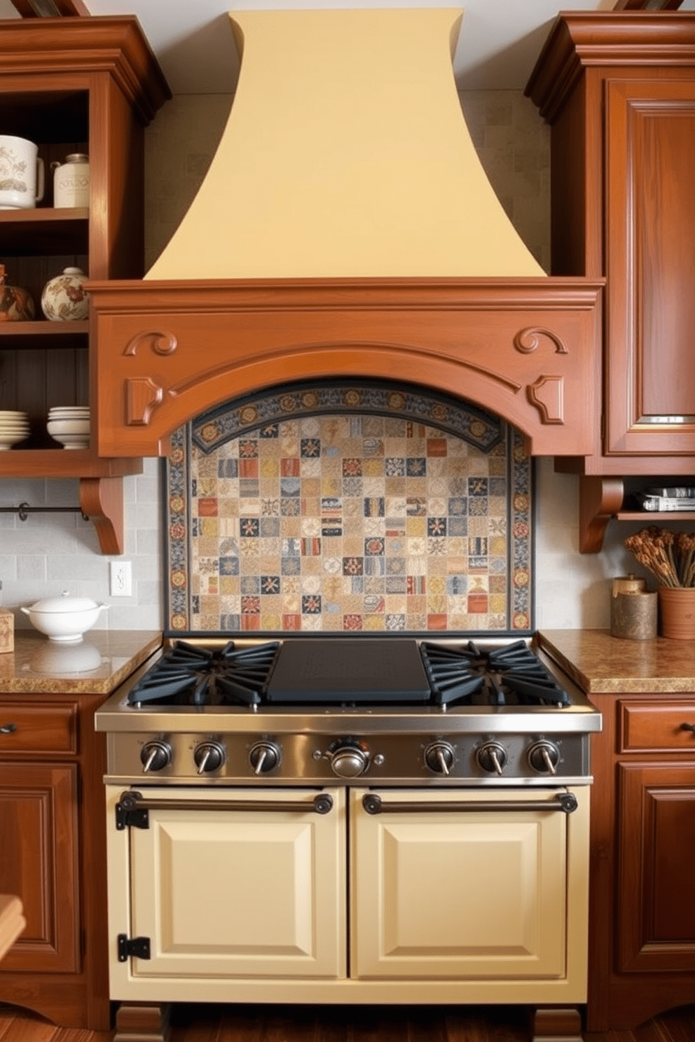 An artisan-style stove with unique craftsmanship serves as the focal point of the kitchen. Its intricate detailing and warm color palette complement the surrounding cabinetry and countertops. The stove features hand-forged iron knobs and a custom backsplash that showcases a blend of vibrant tiles. Surrounding this centerpiece are open shelving and rustic wooden accents that enhance the overall charm of the space.