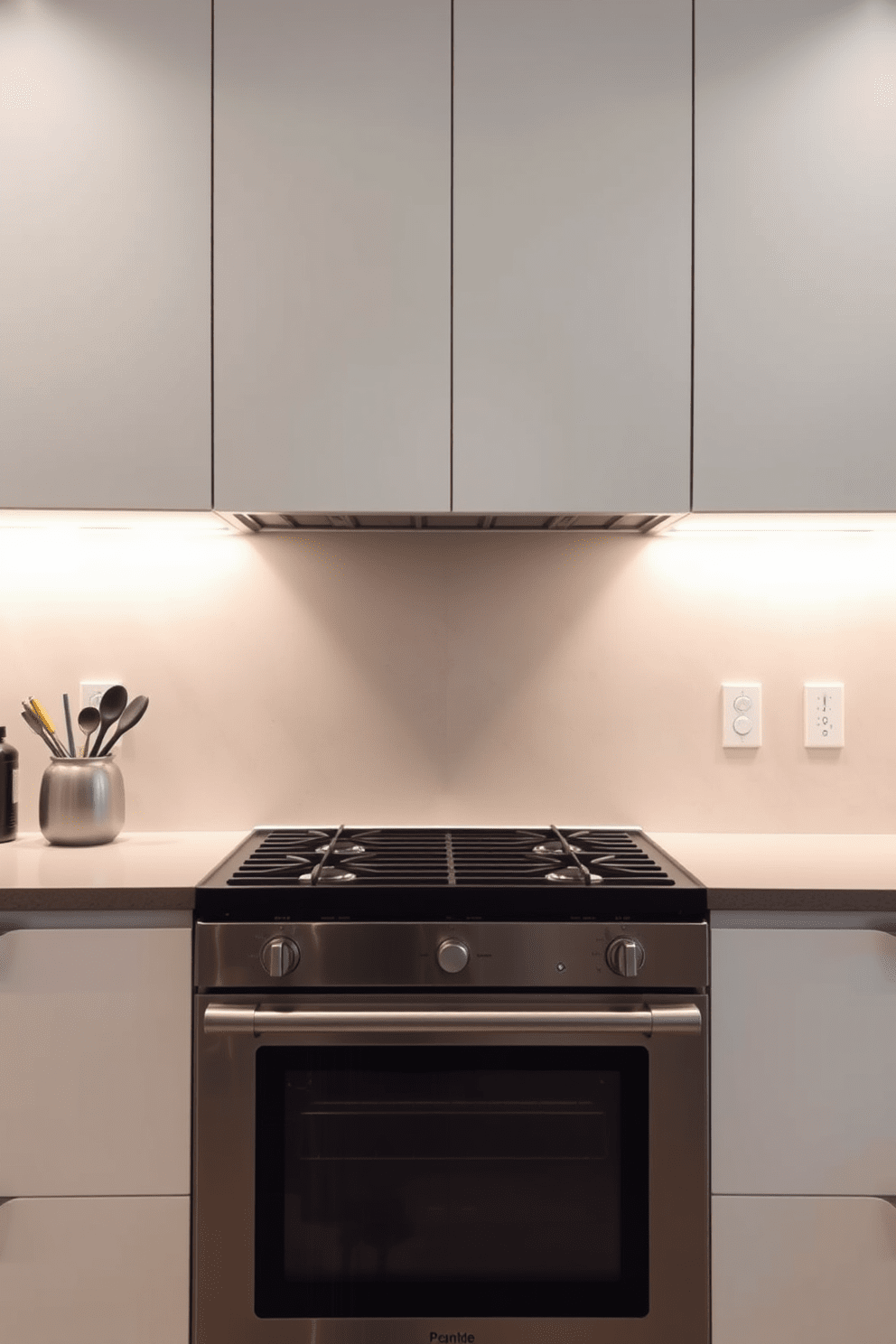 A modern kitchen stove design featuring sleek lines and a stainless steel finish. The stove is illuminated by soft under-cabinet lighting that creates a warm and inviting ambiance. The cabinetry above the stove is minimalist and complements the overall aesthetic with a matte finish. A stylish backsplash in a muted color adds texture and depth to the space.