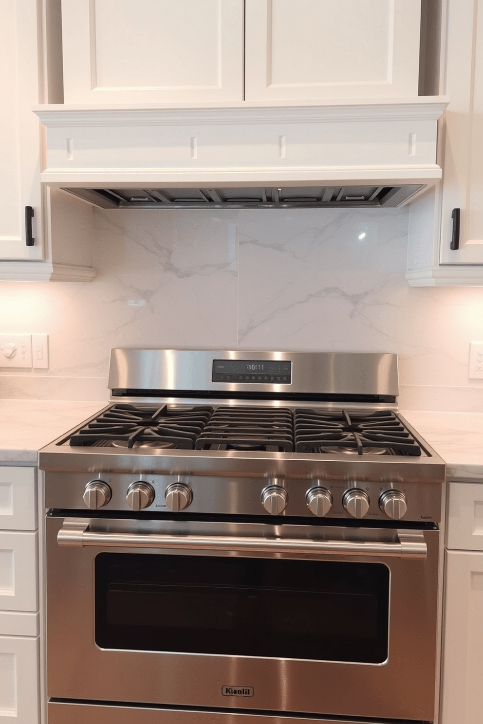 A modern kitchen featuring a sleek stainless steel stove with matching appliances for a cohesive look. The cabinets are painted in a soft white, complemented by a polished marble backsplash that adds elegance to the space.