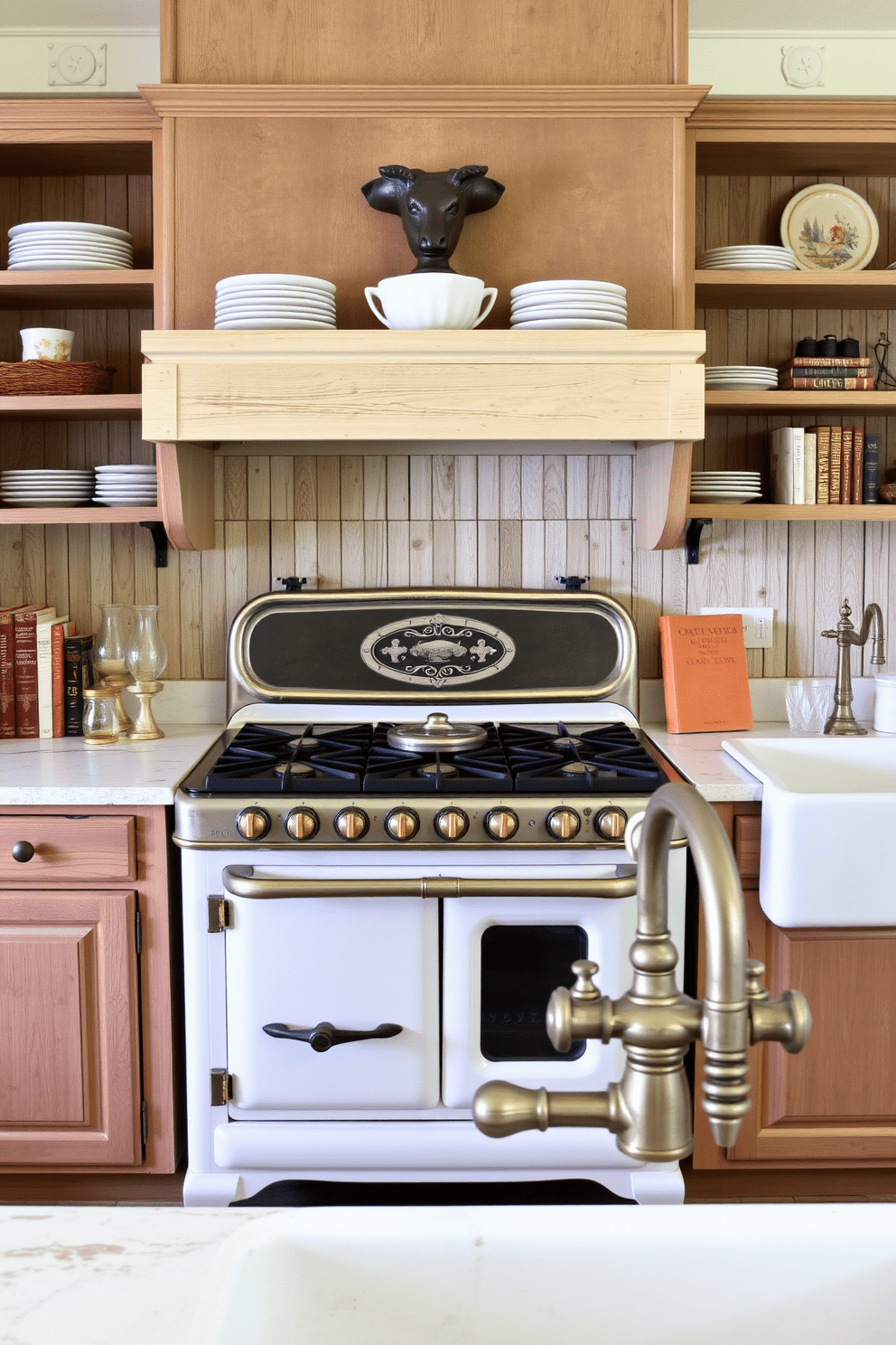 A vintage-inspired gas stove with brass knobs takes center stage in a charming kitchen. The stove features intricate detailing and a classic design, complemented by a distressed wood cabinetry that adds warmth to the space. Surrounding the stove are open shelves displaying rustic dishware and vintage cookbooks. A farmhouse sink with an antique faucet completes the nostalgic look, inviting a cozy cooking atmosphere.