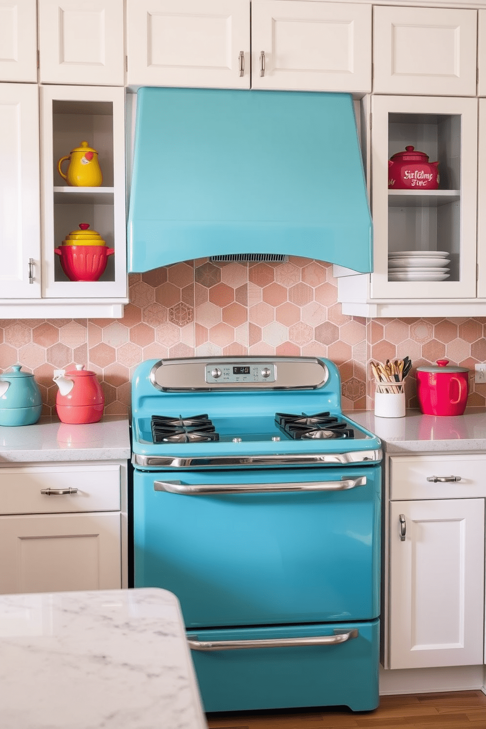 A colorful retro stove serves as the focal point of the kitchen, bringing a vibrant pop of color to the space. The stove features rounded edges and shiny chrome accents, perfectly complementing the modern cabinetry and sleek countertops. Surrounding the stove, playful kitchen accessories in coordinating hues enhance the retro theme. A vintage-inspired backsplash with geometric patterns adds character and ties the design elements together beautifully.
