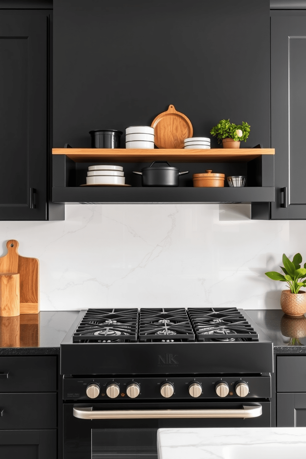 A striking kitchen space featuring a black matte finish stove that serves as the focal point of the room. Surrounding the stove are sleek cabinetry with minimalist hardware and a contrasting white marble backsplash that enhances the bold design. The countertop is made of dark granite, providing a seamless look alongside the black stove. Accents of warm wood are introduced through open shelving, displaying stylish cookware and plants for a touch of warmth.