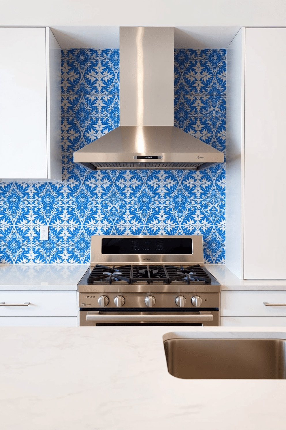 A modern kitchen featuring a sleek stainless steel stove set against a vibrant decorative tile backsplash. The backsplash showcases intricate patterns in shades of blue and white, adding a pop of color to the minimalist design. The stove is complemented by a spacious countertop made of polished quartz, providing ample space for meal preparation. Above the stove, a stylish range hood enhances the contemporary aesthetic while ensuring efficient ventilation.