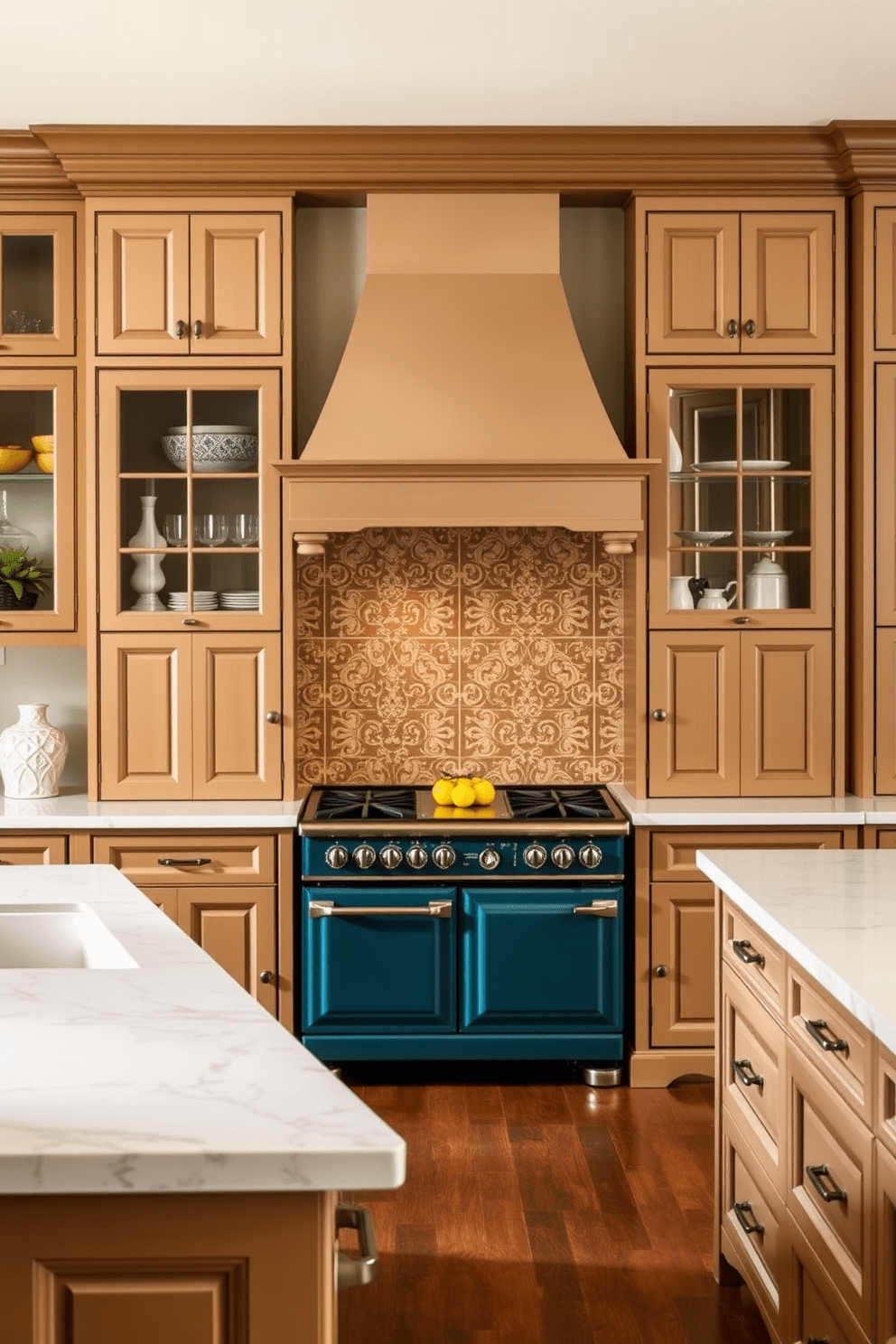 A stunning kitchen with a freestanding stove as the centerpiece. The stove is a vintage-inspired design in a bold color, surrounded by elegant cabinetry and a spacious island. The countertops are made of white marble with subtle gray veining. Above the stove, a stylish range hood adds a modern touch, complemented by decorative tiles in a warm tone.
