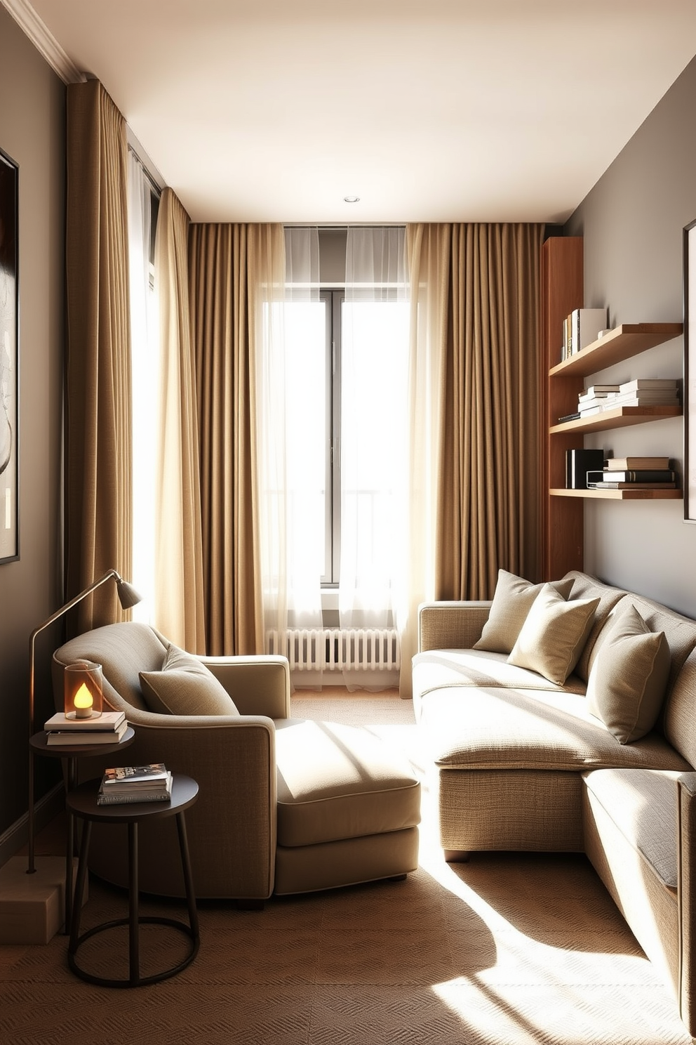 Create a cozy reading nook by the window with a plush armchair upholstered in soft fabric. A small side table holds a stack of books and a warm lamp, while sheer curtains allow gentle sunlight to filter through. Design a long narrow living room that maximizes space with a sectional sofa against one wall. Incorporate a slim coffee table and a series of vertical shelves to enhance the room's height and provide storage.