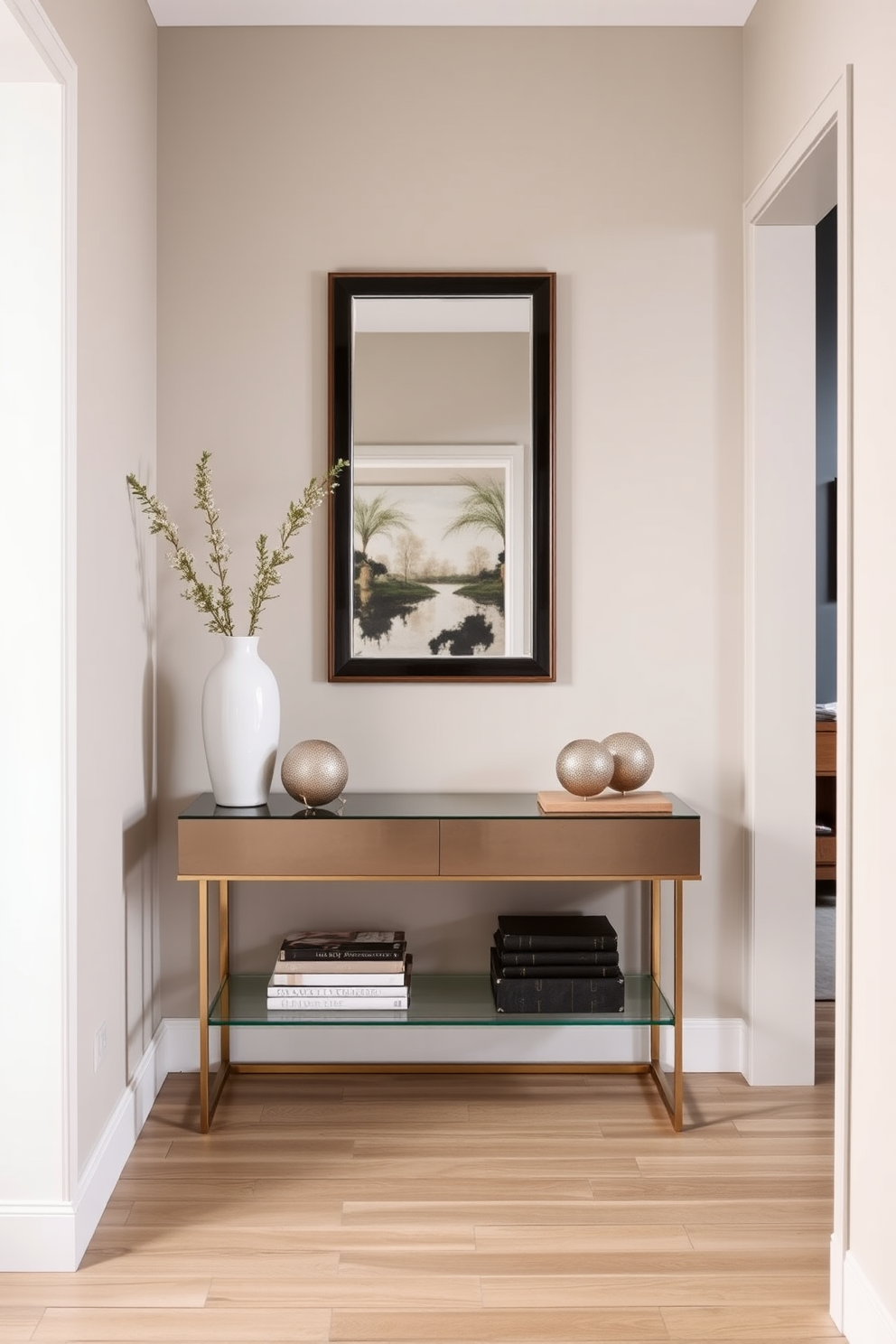 A stylish long narrow living room features a sleek console table against the wall. The console is adorned with decorative items and a large mirror above it, creating an illusion of space and elegance.