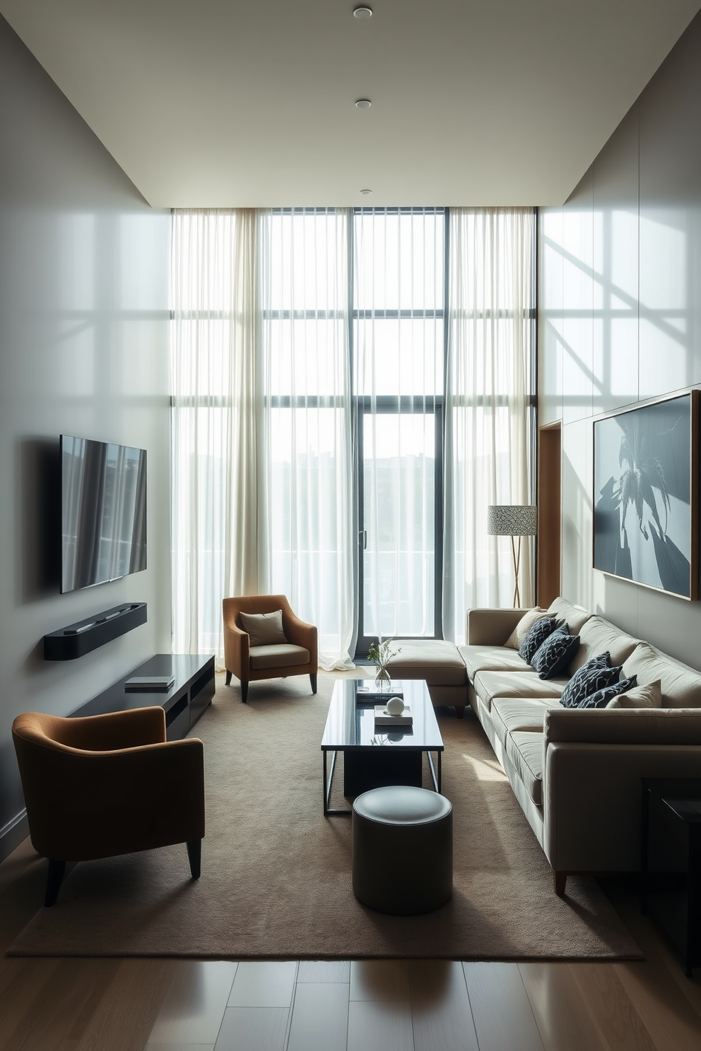 A long narrow living room features a sleek wall-mounted TV that enhances the modern aesthetic while saving valuable floor space. The room is adorned with a plush sectional sofa in a neutral tone, positioned to maximize comfort and conversation. Natural light floods the space through large windows dressed with sheer curtains, creating an airy atmosphere. A contemporary coffee table sits at the center, surrounded by stylish accent chairs that invite relaxation and socializing.