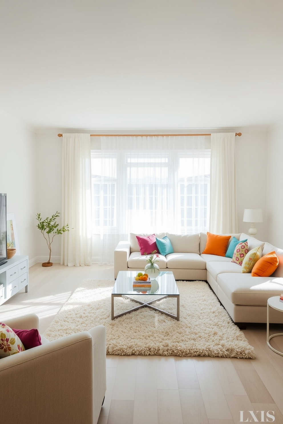 A light and airy living room with soft pastel walls that enhance the brightness of the space. The room features a comfortable sectional sofa in a light fabric, accented with colorful throw pillows for a pop of color. A sleek coffee table sits in the center, complemented by a plush area rug that adds warmth. Large windows allow natural light to flood the room, while sheer curtains provide privacy without blocking the light.