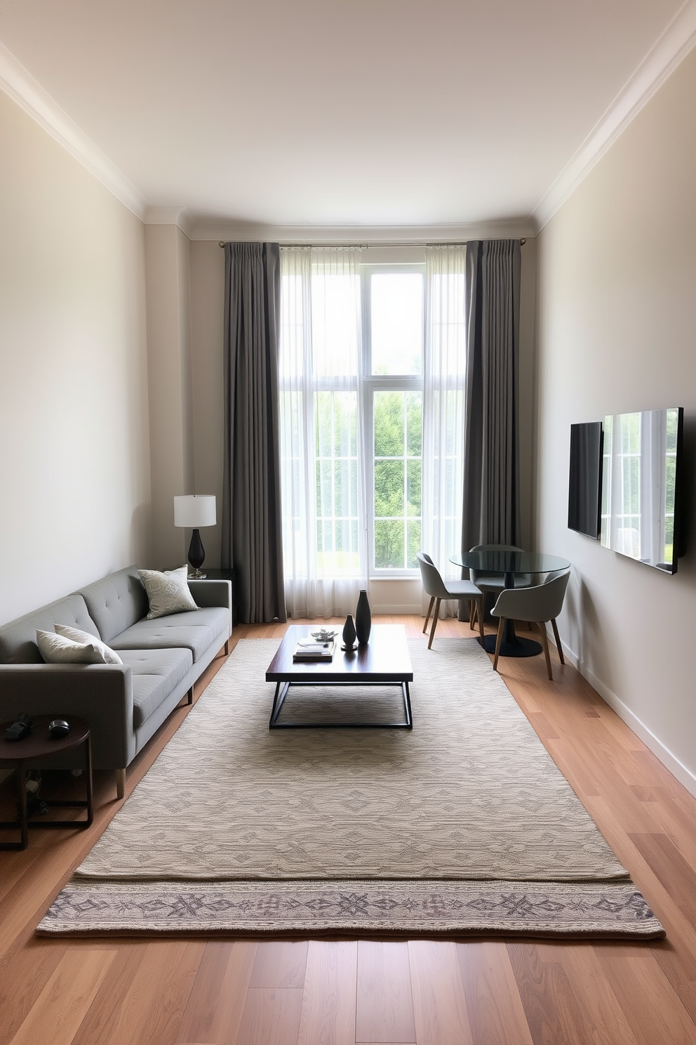A long narrow living room features a sleek sectional sofa positioned against one wall, complemented by a stylish coffee table in the center. To enhance versatility, a small dining table with elegant chairs is placed near a window, creating a cozy dining nook. The walls are painted in a soft neutral tone, and a large area rug anchors the seating area, adding warmth. Floor-to-ceiling curtains frame the windows, allowing natural light to fill the space while providing privacy when needed.