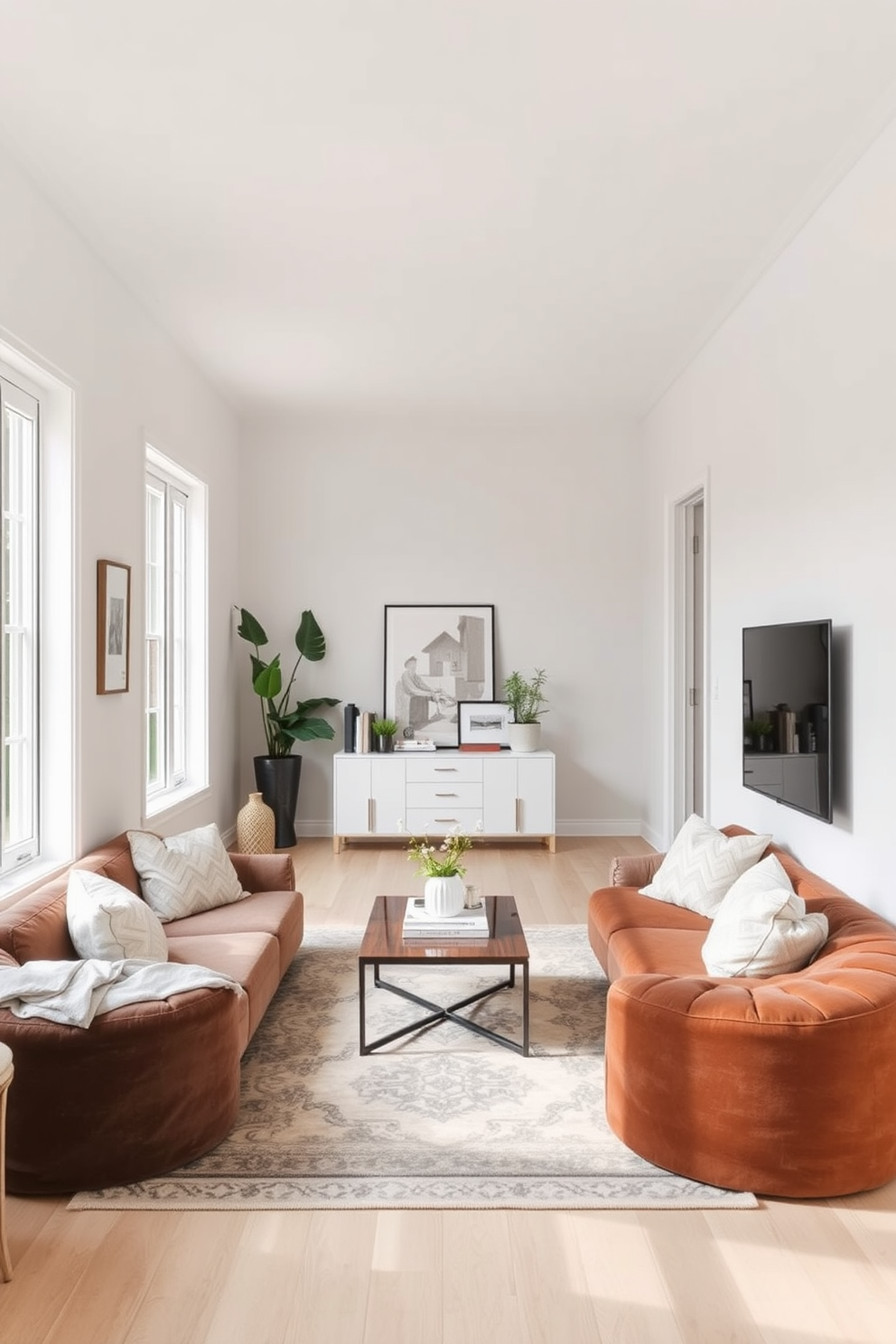 A long narrow living room features a cozy seating area with plush poufs arranged around a low coffee table. The walls are painted in a soft neutral tone, and large windows allow natural light to fill the space, enhancing the airy atmosphere. Incorporate a slim console table against one wall adorned with decorative items and a few potted plants. A stylish area rug defines the seating area, adding warmth and texture to the overall design.