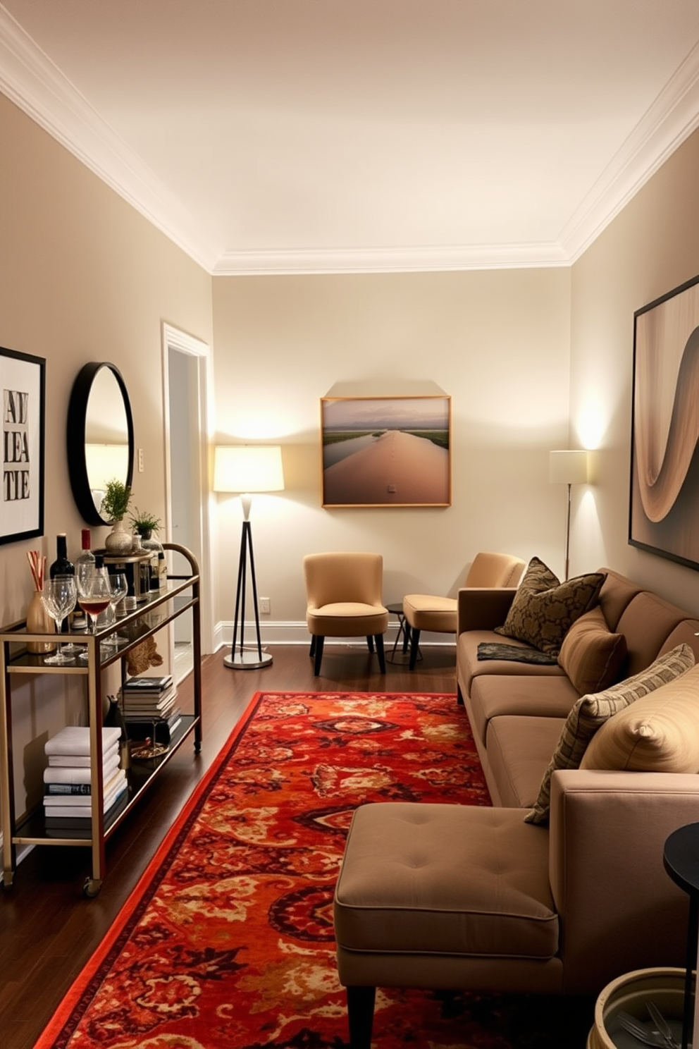 A long narrow living room designed for entertaining features a stylish bar cart positioned against one wall. The bar cart is adorned with an assortment of glassware, a selection of spirits, and decorative accessories, creating an inviting focal point. The seating arrangement includes a sleek sectional sofa that complements the length of the room, paired with a few accent chairs for additional seating. Soft lighting from a modern floor lamp enhances the cozy atmosphere, while a vibrant area rug anchors the space and adds warmth.