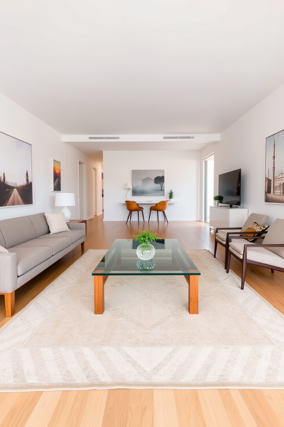 A long narrow living room features a sleek sectional sofa with exposed wooden legs, creating an airy feel. A glass coffee table with a minimalist design sits in the center, enhancing the sense of space. On one side, a pair of stylish armchairs with slender legs are positioned to encourage conversation. The walls are adorned with light-colored art, and a soft area rug defines the seating area while keeping the room open.