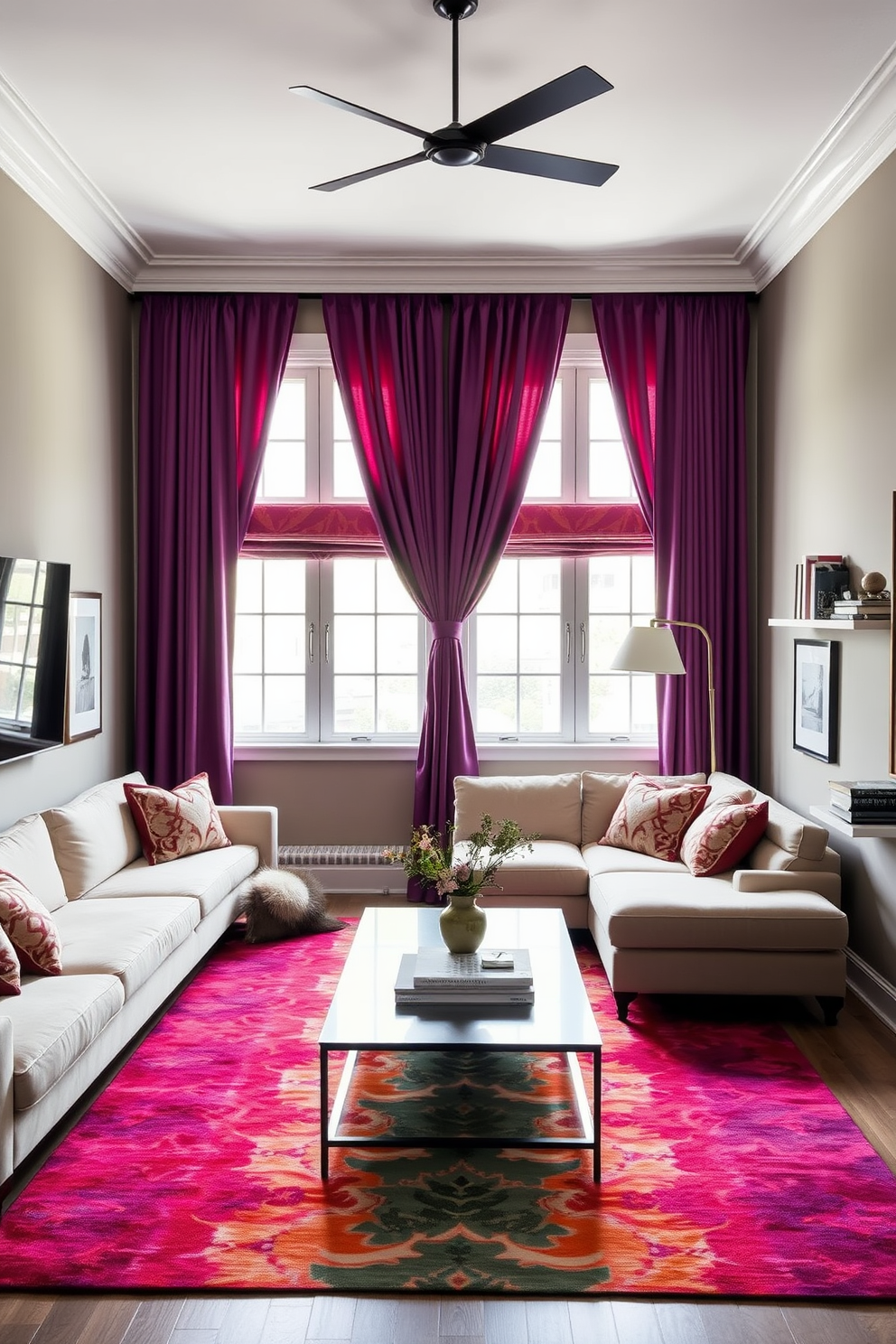 A long narrow living room features a cozy seating arrangement with a plush sectional sofa in a soft neutral color. Bold curtains in a rich jewel tone frame the windows, drawing the eye upward and adding a touch of elegance to the space. A sleek coffee table sits in the center, complemented by a vibrant area rug that defines the seating area. Wall-mounted shelves display curated decor, while strategically placed lighting enhances the ambiance throughout the room.
