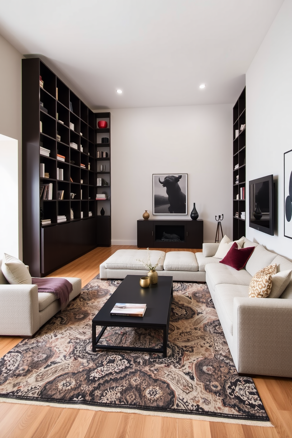 A stylish long narrow living room features a sectional sofa arranged to maximize seating while maintaining an open flow. The walls are painted in a soft neutral tone, complemented by a large area rug that defines the seating area. In one corner, a sleek coffee table sits atop the rug, surrounded by decorative cushions that add pops of color. Tall bookshelves line the walls, filled with curated decor and books, enhancing the room's cozy atmosphere.