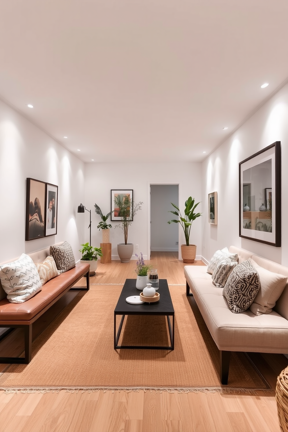 A long narrow living room features a stylish long bench positioned against one wall to provide additional seating. The space is adorned with soft lighting and a mix of textured cushions to create a cozy and inviting atmosphere. The walls are painted in a light neutral color to enhance the sense of openness, while a large area rug defines the seating area. Decorative elements like framed art and potted plants add personality and warmth to the overall design.