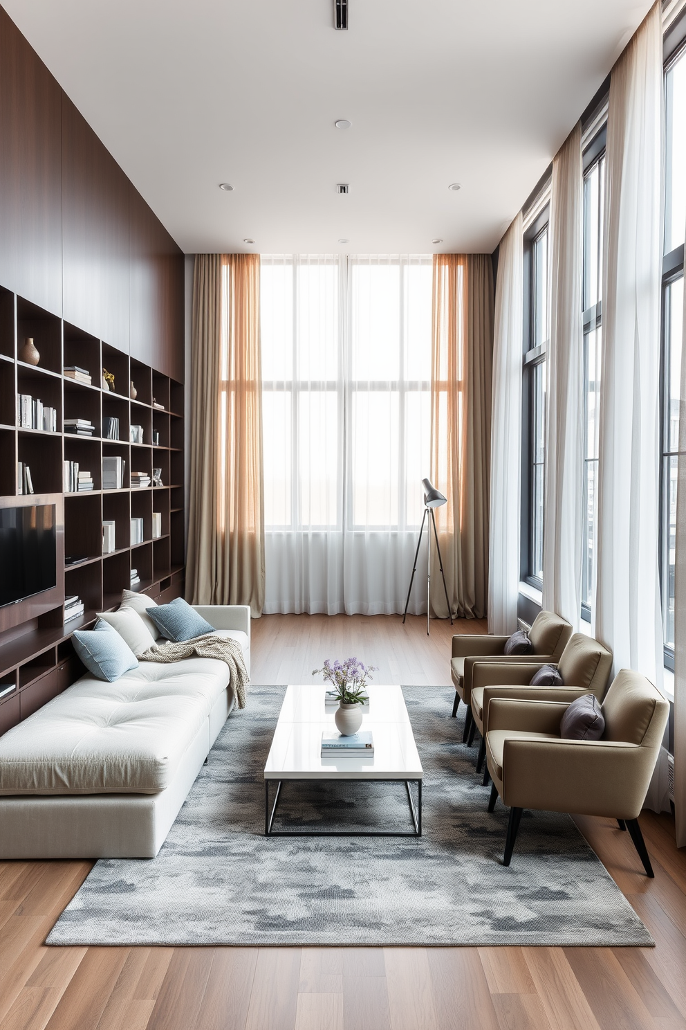 A long narrow living room features a stylish daybed positioned along one wall, adorned with plush cushions and a soft throw blanket. The opposite wall is lined with sleek shelving units displaying decorative items and books, creating a cozy yet functional space. Natural light floods the room through large windows, complemented by sheer curtains that add a touch of elegance. A minimalist coffee table sits in front of the daybed, surrounded by a few contemporary accent chairs to enhance the inviting atmosphere.