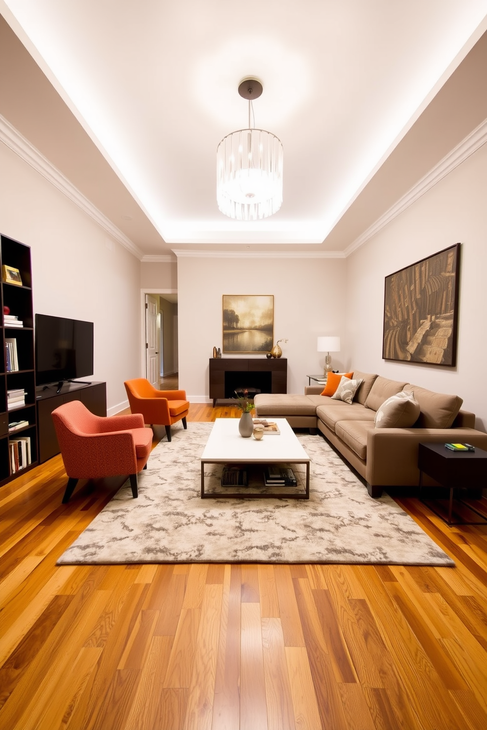 A long narrow living room features a statement light fixture that draws the eye and enhances the space. The walls are painted in a soft neutral tone, and the flooring is a warm hardwood that adds depth and texture. A plush sectional sofa is arranged along one wall, complemented by a sleek coffee table in the center. Accent chairs in contrasting colors are placed opposite the sofa, creating a cozy conversation area. Decorative shelves line one side of the room, showcasing curated art pieces and books. A large area rug anchors the seating arrangement, adding comfort and warmth to the overall design.