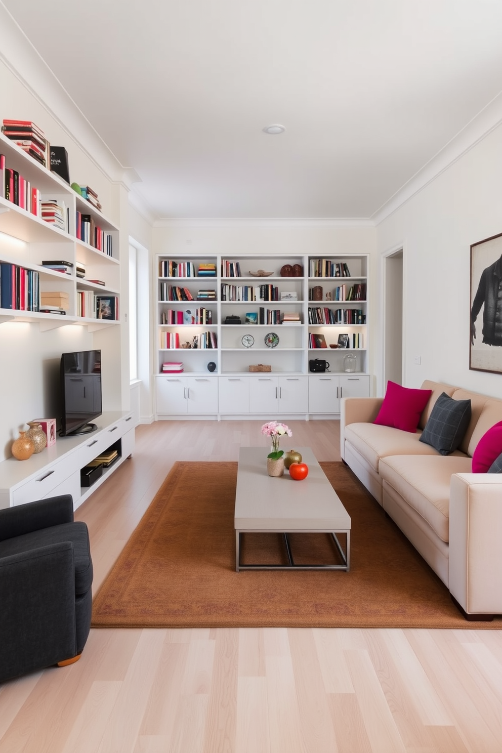 A long narrow living room features corner shelves that create an inviting display space for books and decorative items. The walls are painted in a soft neutral color, enhancing the room's brightness and spaciousness. A plush sectional sofa is arranged along one wall, complemented by a sleek coffee table in the center. Accent cushions in vibrant colors add a pop of personality, while a large area rug defines the seating area.