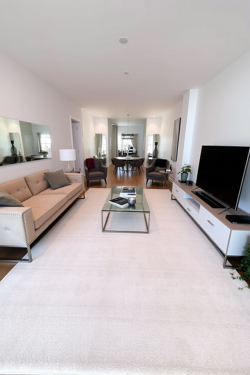 A long narrow living room features a large area rug that anchors the seating arrangement and adds warmth to the space. The rug is adorned with a subtle pattern that complements the surrounding furniture, creating a cohesive and inviting atmosphere. The walls are painted in a light neutral color to enhance the sense of openness, while strategically placed mirrors reflect light and create depth. Sleek, modern furniture is arranged to facilitate conversation, with a stylish coffee table at the center to complete the layout.