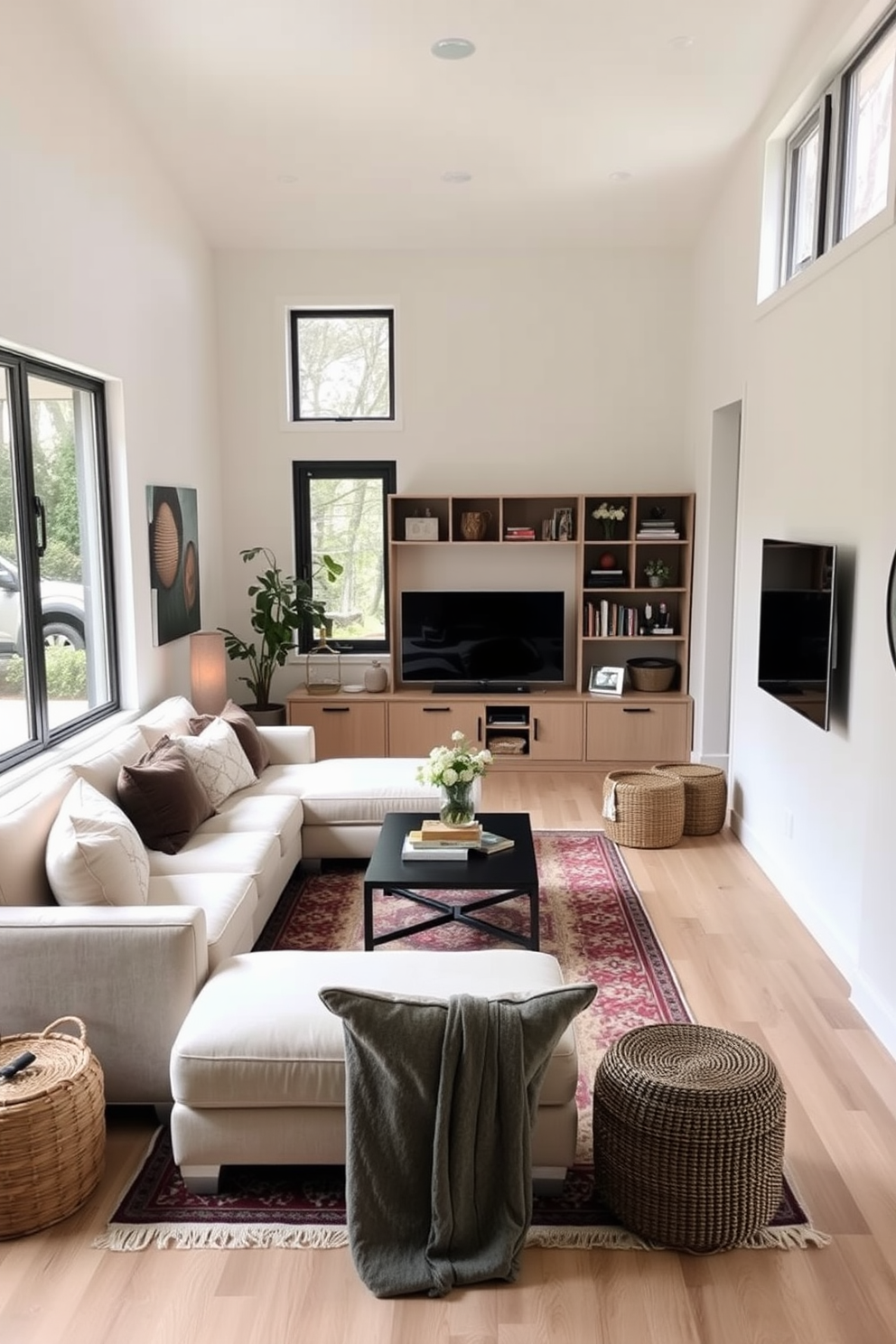 A long narrow living room features a cozy seating arrangement with a plush sectional sofa facing a sleek entertainment center. Decorative baskets are placed strategically around the room to provide hidden storage while enhancing the overall aesthetic. The walls are painted in a soft neutral tone, creating an airy feel, and large windows allow natural light to flood the space. A statement rug anchors the seating area, and layered lighting adds warmth and ambiance throughout the room.
