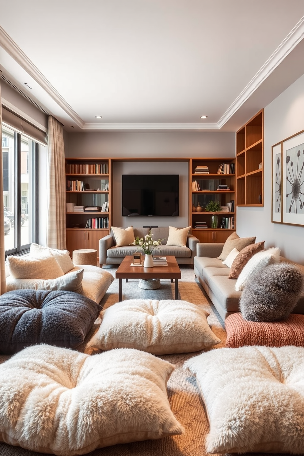 Create a cozy corner with floor cushions. Imagine a soft, inviting space filled with plush, oversized floor cushions in various textures and colors, arranged around a low wooden coffee table. Long narrow living room design ideas should focus on maximizing space while maintaining comfort. Picture a stylish layout with a sleek sofa against one wall, complemented by tall bookshelves and strategically placed lighting to enhance the room's depth.