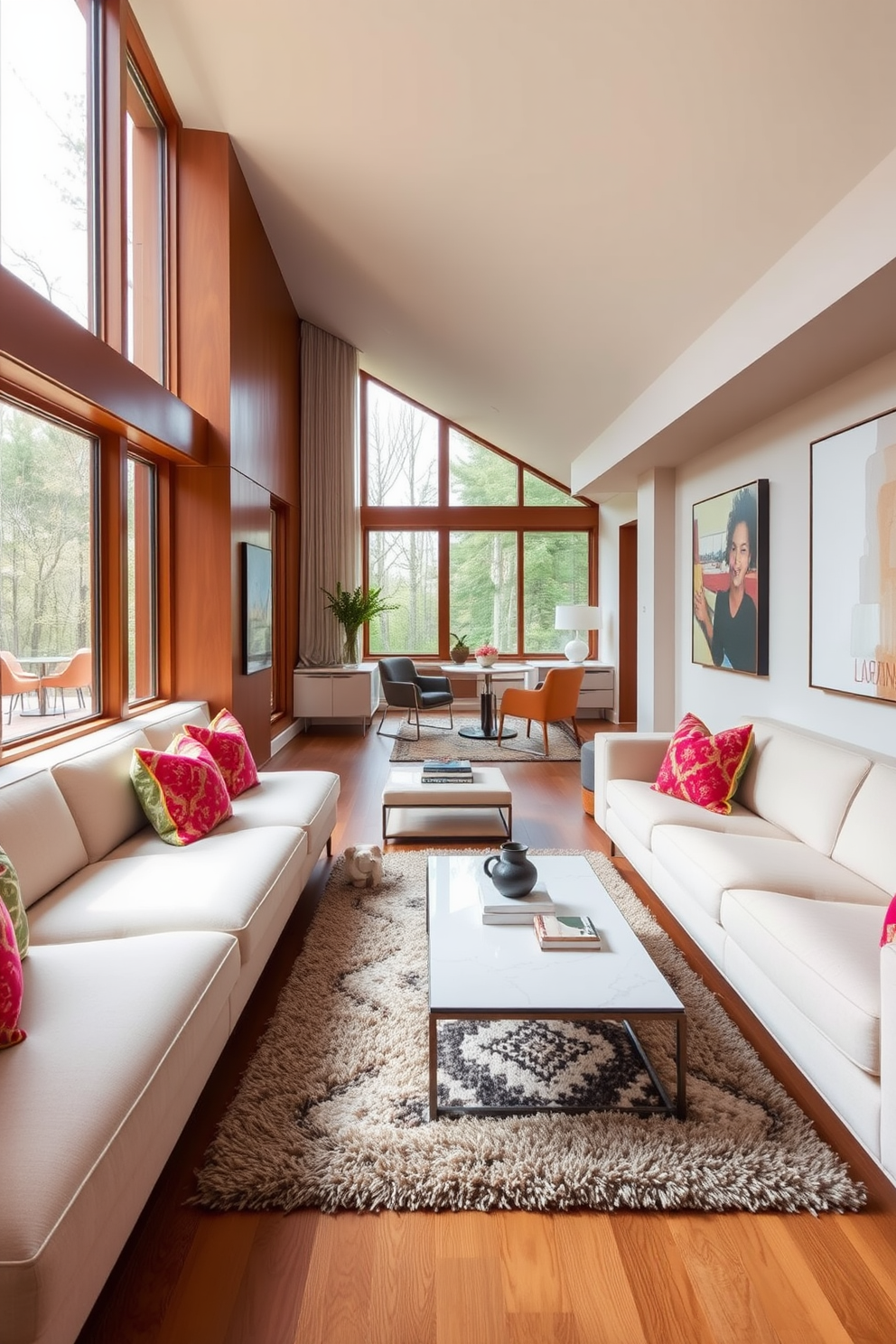 A long narrow living room features built-in seating that seamlessly integrates with the overall design. The custom seating is upholstered in a soft neutral fabric, accented with colorful throw pillows to add a pop of vibrancy. On one side of the room, a sleek coffee table sits atop a plush area rug, creating a cozy gathering space. Large windows allow natural light to flood the area, enhancing the warm atmosphere and showcasing the carefully curated decor.