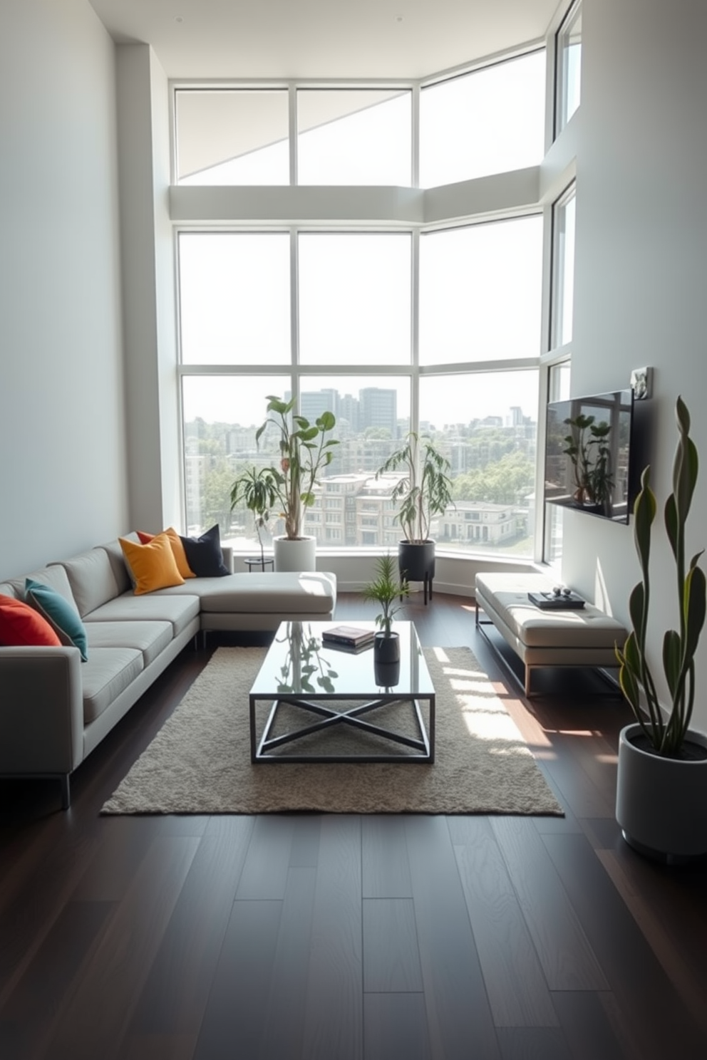 A long narrow living room features a sleek sectional sofa positioned against one wall, adorned with colorful throw pillows for a pop of color. Floor-to-ceiling windows on the opposite wall allow natural light to flood the space, enhancing the airy feel. Incorporate vertical plants in stylish planters placed strategically around the room to add height and a touch of greenery. A minimalist coffee table sits in the center, complemented by a chic area rug that defines the seating area.