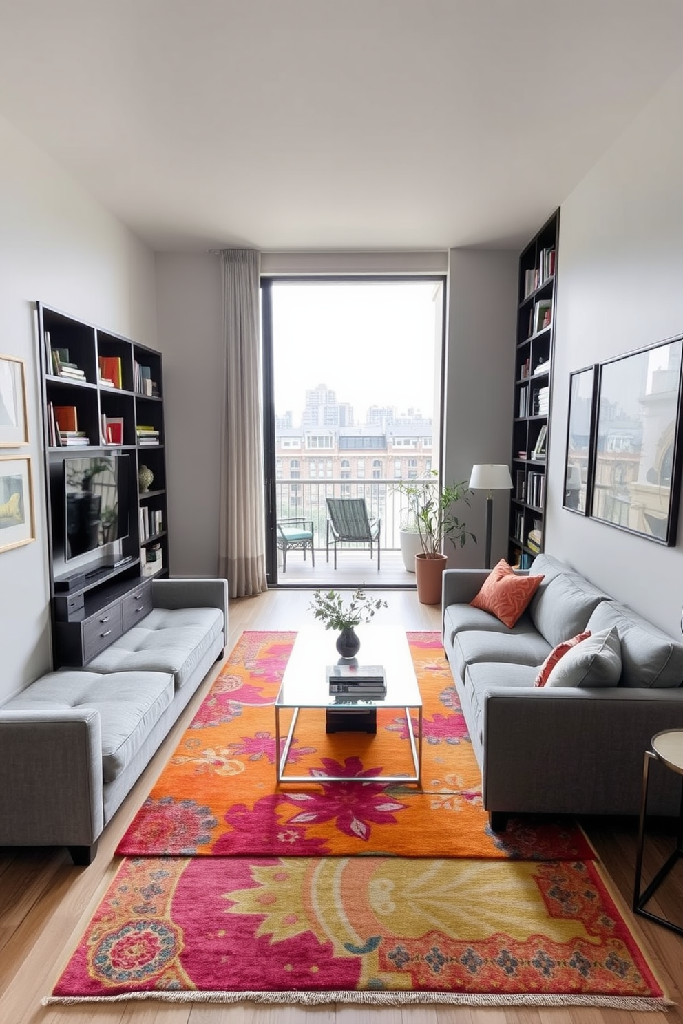 A long narrow living room features a cozy sectional sofa in a soft gray fabric, positioned along one wall to maximize space. A large sliding door opens to a private balcony, allowing natural light to flood the room and providing flexibility for indoor-outdoor living. The walls are painted in a light neutral tone, creating an airy atmosphere, while a vibrant area rug adds a pop of color under a sleek glass coffee table. Floor-to-ceiling bookshelves line one side of the room, filled with curated decor and personal treasures for a warm, inviting touch.