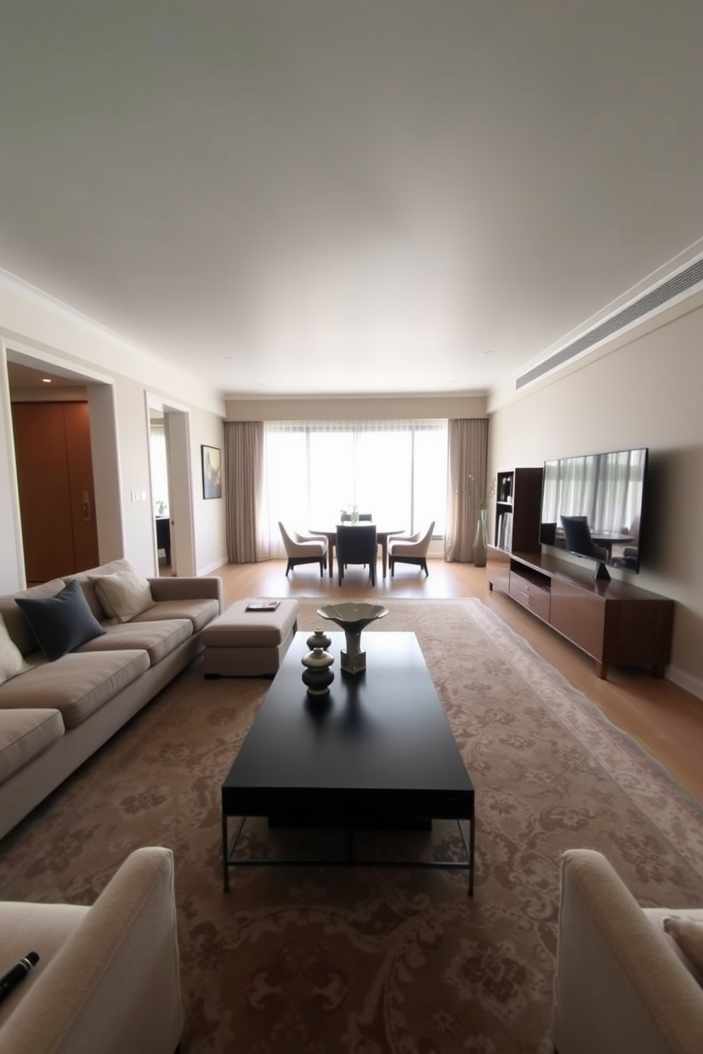 A long narrow living room features a stylish design with a sleek coffee table at its center for added functionality. The walls are painted in a soft neutral tone, and comfortable seating is arranged to promote conversation while maximizing the space.