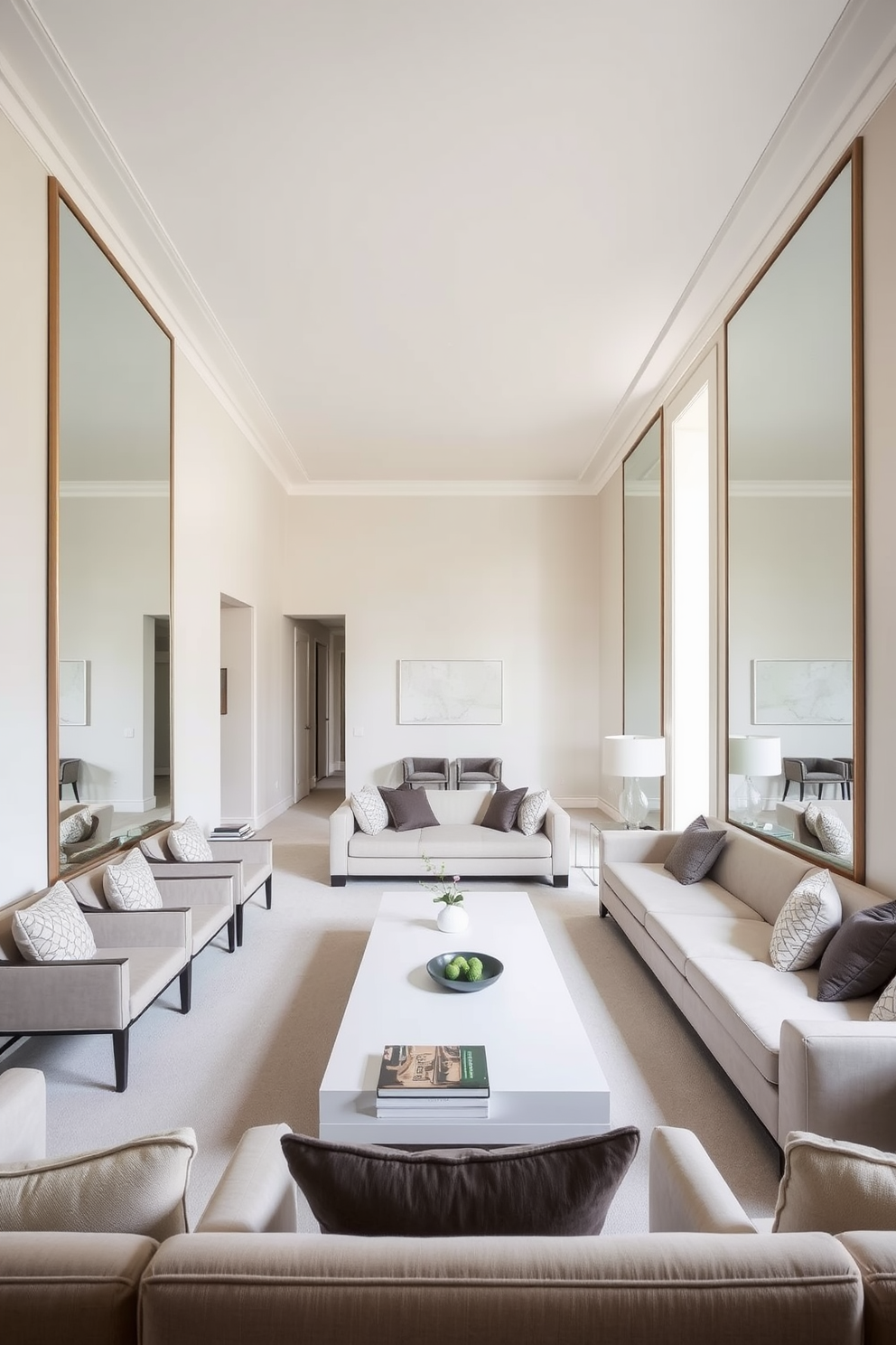 A long narrow living room features a soft color palette with light walls that reflect natural light. Large floor-to-ceiling mirrors are strategically placed to create an illusion of depth and amplify brightness throughout the space. The seating arrangement includes a sleek sectional sofa facing a minimalist coffee table. Accent chairs are positioned along the walls to maintain an open flow while decorative pillows add a touch of warmth and texture.
