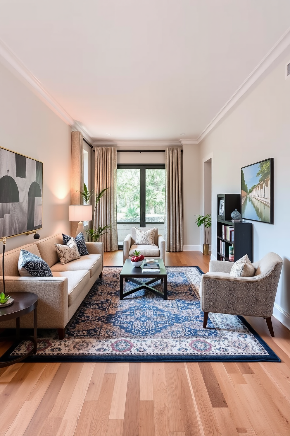 Design a long narrow living room that features distinct zones created by area rugs. One zone should include a cozy seating area with a plush sofa and accent chairs, while another zone can serve as a reading nook with a comfortable armchair and a small bookshelf.