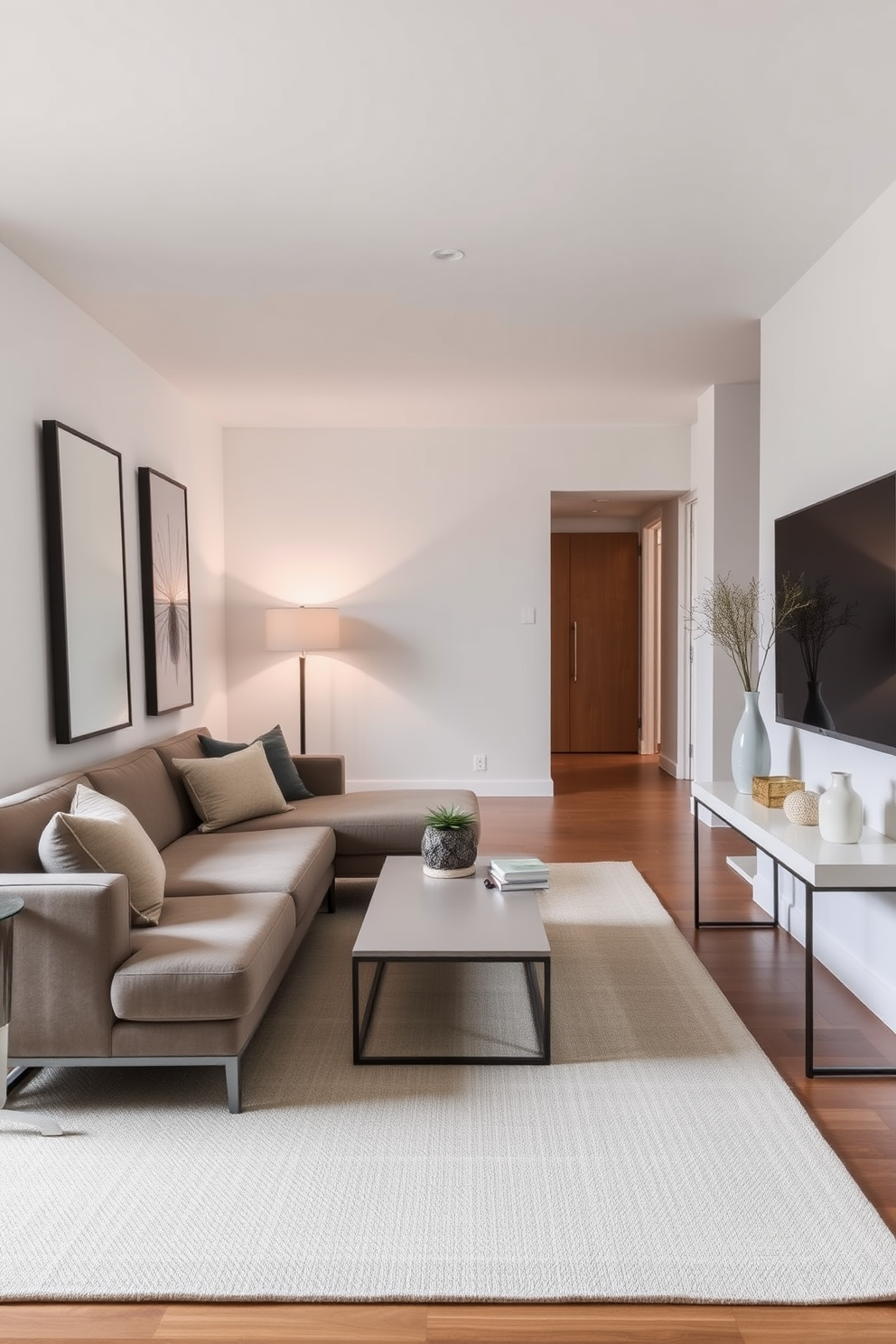 A long narrow living room featuring slim furniture to maximize space efficiency. The design includes a sleek sectional sofa positioned against one wall, complemented by a minimalist coffee table in the center. On the opposite wall, a narrow console table displays decorative items and a lamp for added warmth. Large mirrors are strategically placed to enhance the sense of openness and light in the room.