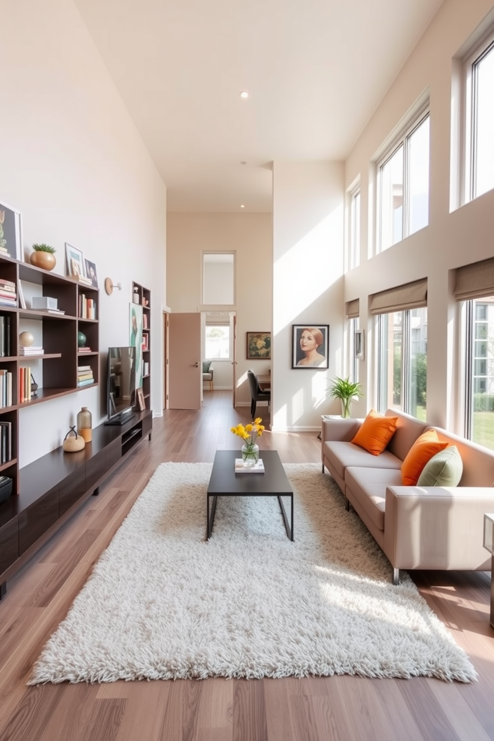 A long narrow living room features a series of floating shelves along one wall, providing stylish storage for decorative items and books. The opposite wall is adorned with a sleek sofa in a neutral tone, complemented by vibrant throw pillows for a pop of color. Large windows allow natural light to flood the space, enhancing the airy atmosphere. A minimalist coffee table sits in the center, surrounded by a plush area rug that defines the seating area.