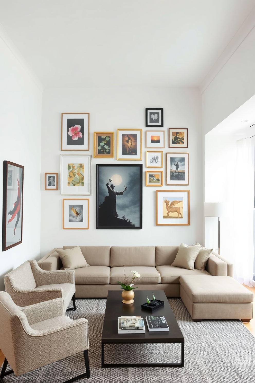 Create a gallery wall featuring a mix of framed art pieces in various sizes and styles. The wall is painted in a soft white hue to enhance the colors of the artwork. Design a long narrow living room that utilizes the space efficiently with a sectional sofa along one wall. Incorporate a sleek coffee table and a few accent chairs to create a cozy seating area.