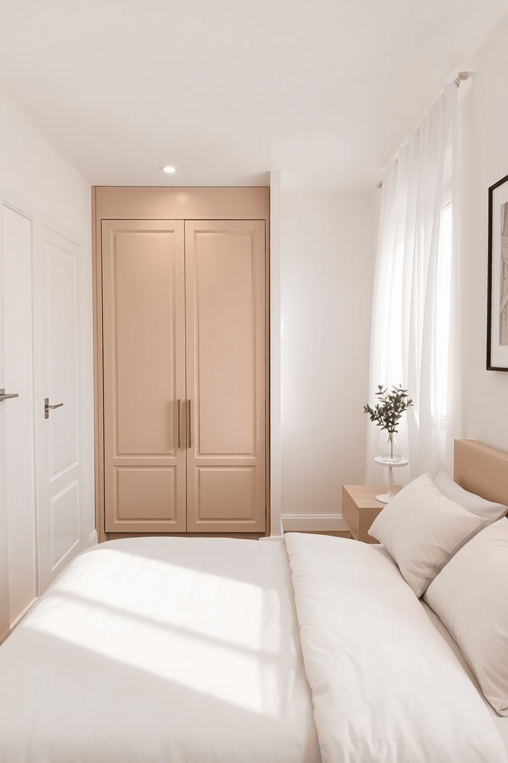 A compact wardrobe with sleek lines serves as the focal point for the small bedroom. The walls are painted in a soft pastel color, creating a serene atmosphere while maximizing the sense of space. A cozy bed with plush bedding is positioned against the opposite wall, complemented by minimalist bedside tables. Natural light filters through sheer curtains, enhancing the room's airy feel and highlighting carefully selected decorative accents.