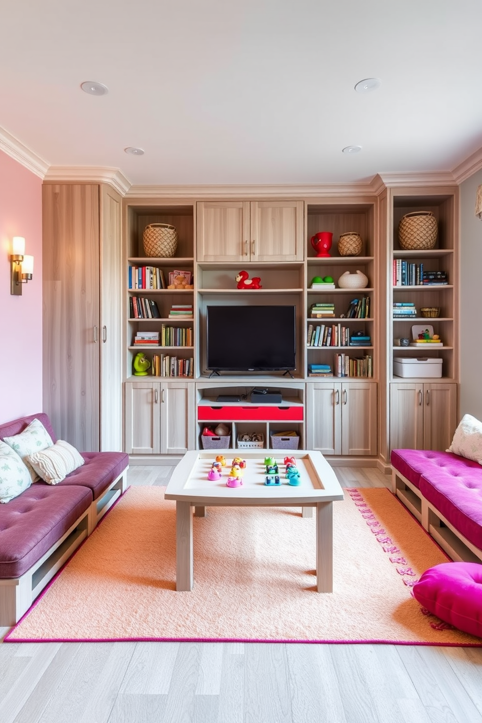 A stylish playroom design featuring built-in storage solutions that blend seamlessly with the decor. The walls are painted in soft pastel colors, and the storage units are crafted from light wood, providing ample space for toys and books while maintaining a tidy aesthetic. Comfortable seating areas with plush cushions are arranged around a central play table. Brightly colored rugs add warmth to the space, creating an inviting atmosphere for children to play and explore.