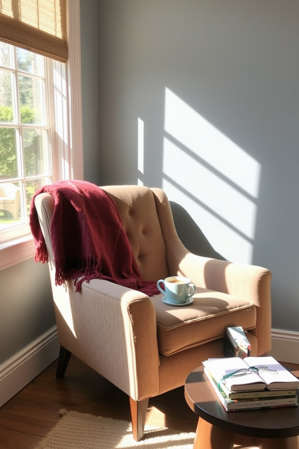 Cozy armchair positioned in a sunlit corner of the room with soft throw blankets draped over the armrest. A small side table holds a steaming cup of tea and a stack of favorite books, creating an inviting atmosphere for leisurely reading.
