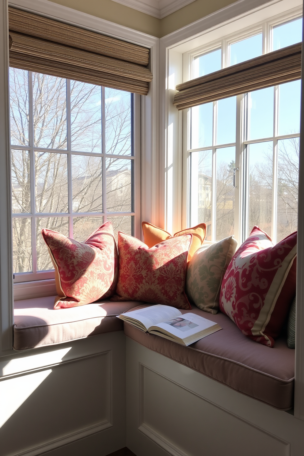 A cozy window seat is adorned with plush cushions and an array of colorful pillows. Bathed in natural light, this inviting space is perfect for enjoying a good book in the springtime.