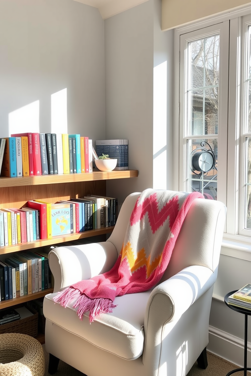 A cozy reading nook filled with natural light. There are colorful bookends on a wooden shelf, perfectly organizing a collection of books in various sizes and colors. A plush armchair in a soft pastel hue sits in the corner, accompanied by a small side table. A vibrant throw blanket drapes over the armchair, inviting you to settle in for a spring reading session.