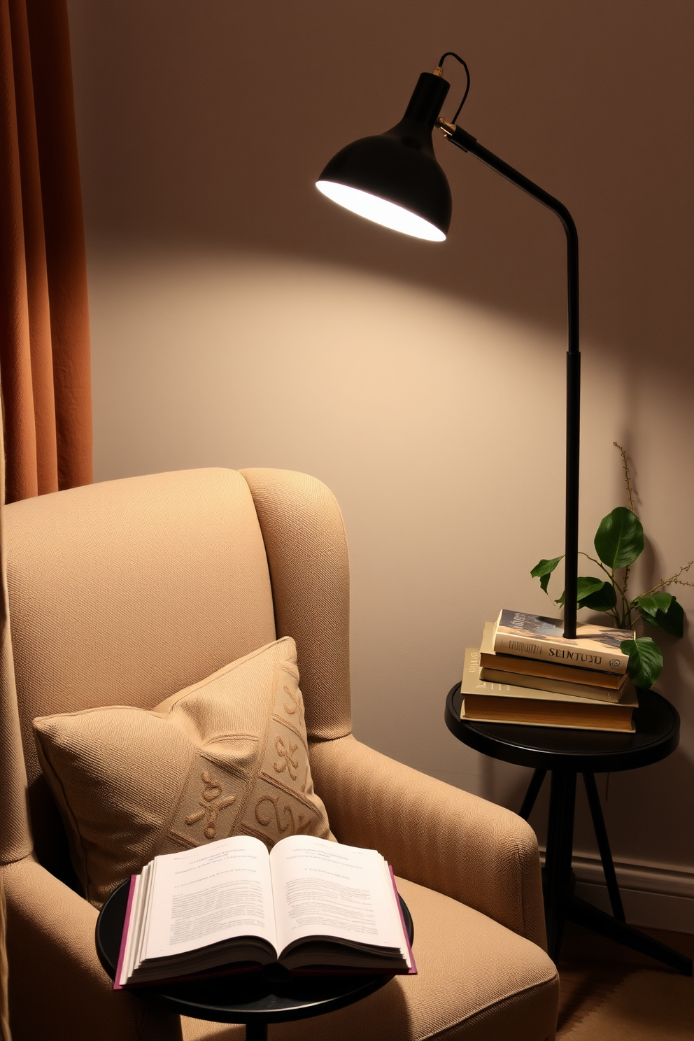A cozy reading nook featuring a stylish reading lamp with adjustable brightness. The nook is adorned with a plush armchair in a soft fabric, complemented by a small side table holding a stack of books and a steaming cup of tea.