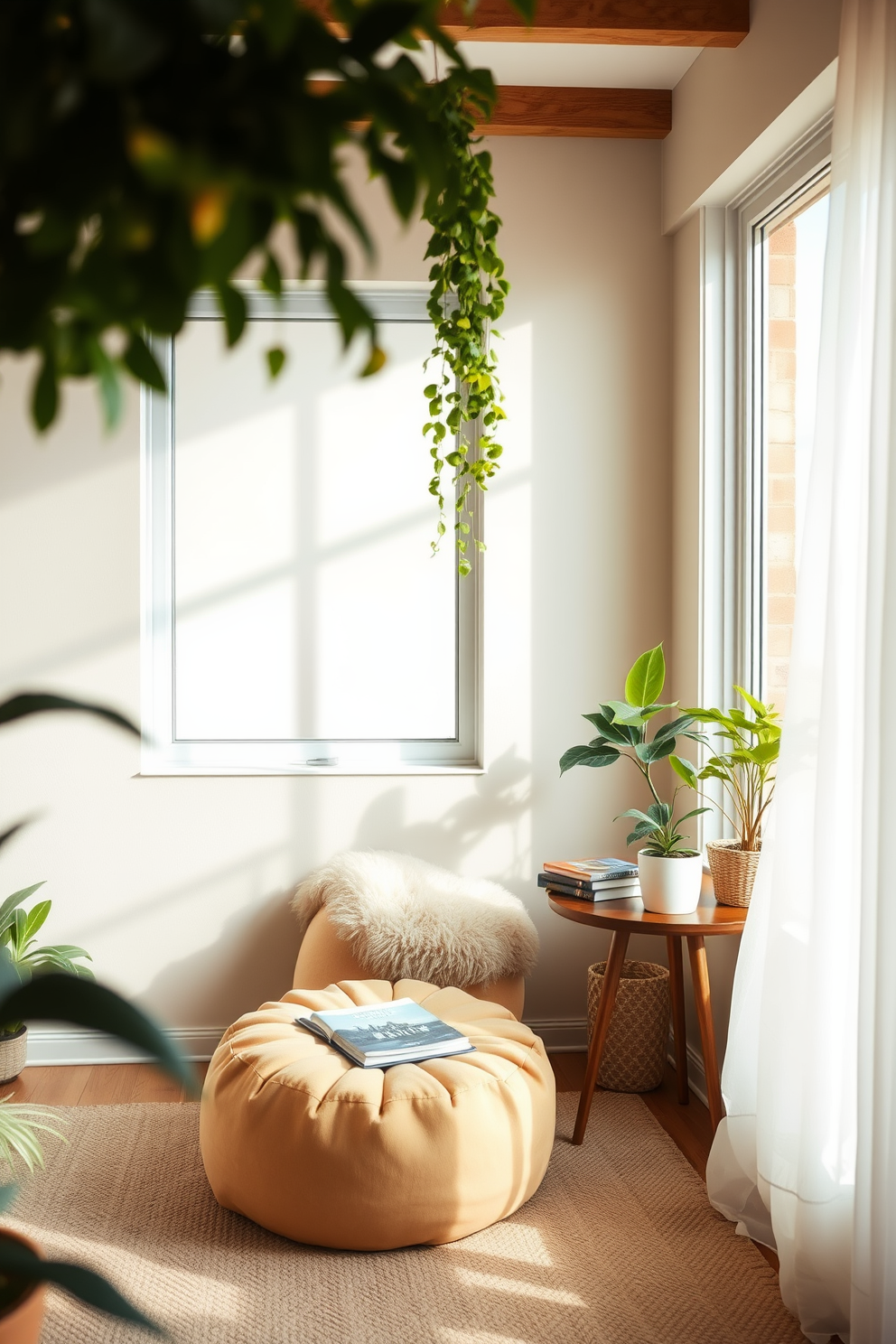 A cozy reading nook featuring a soft pouf in a warm pastel color. The nook is adorned with a plush throw blanket and a stack of books on a small side table. Sunlight filters through a large window, illuminating the space with a gentle glow. Potted plants add a touch of greenery, enhancing the inviting atmosphere of the reading corner.