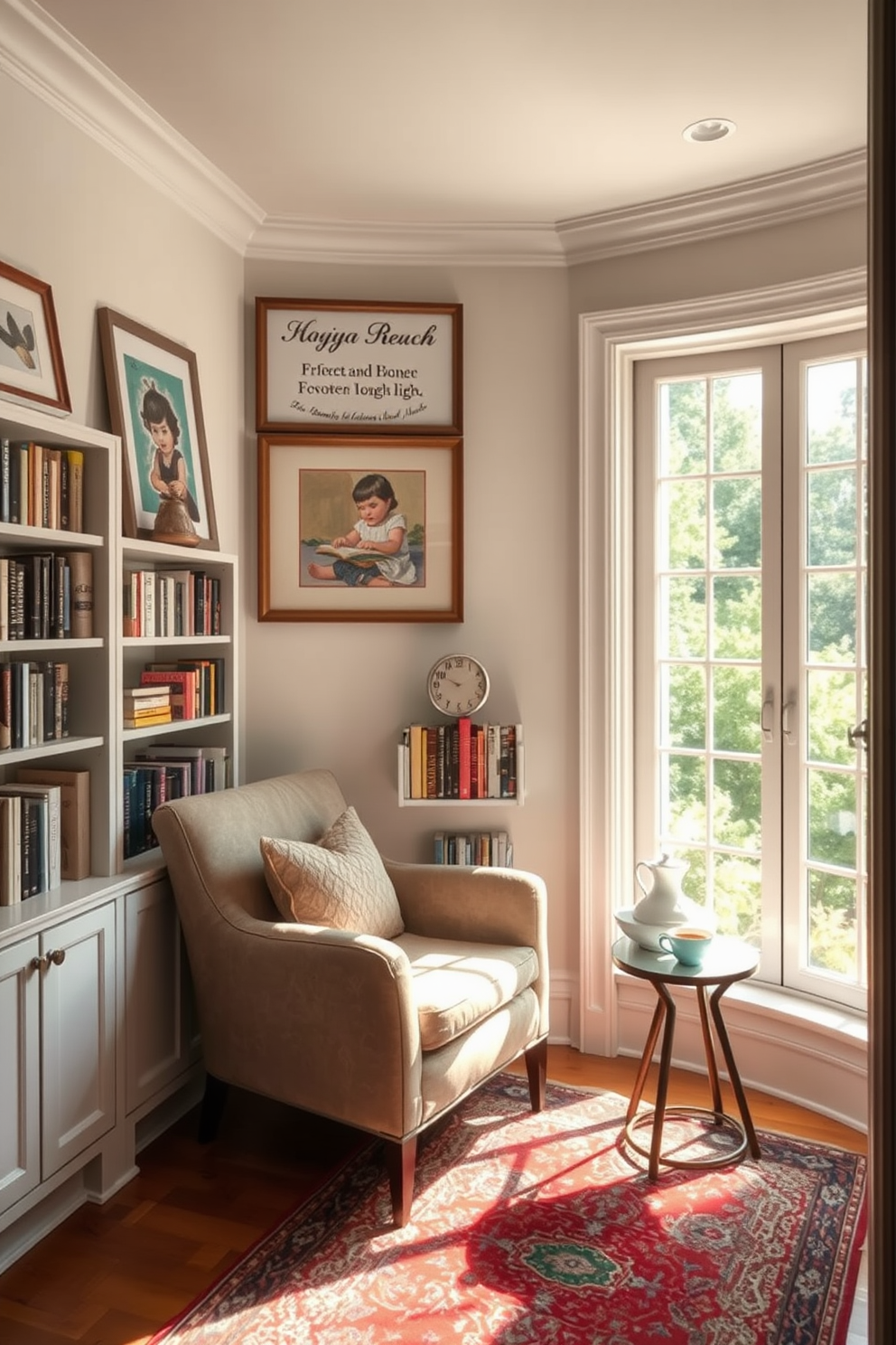 A cozy reading nook adorned with personalized artwork that reflects your unique taste. The space features a plush armchair in a soft fabric, surrounded by shelves filled with your favorite books and decorative accents. Natural light streams in through a large window, illuminating a small side table that holds a steaming cup of tea. A vibrant rug anchors the space, adding warmth and inviting you to curl up with a good book.