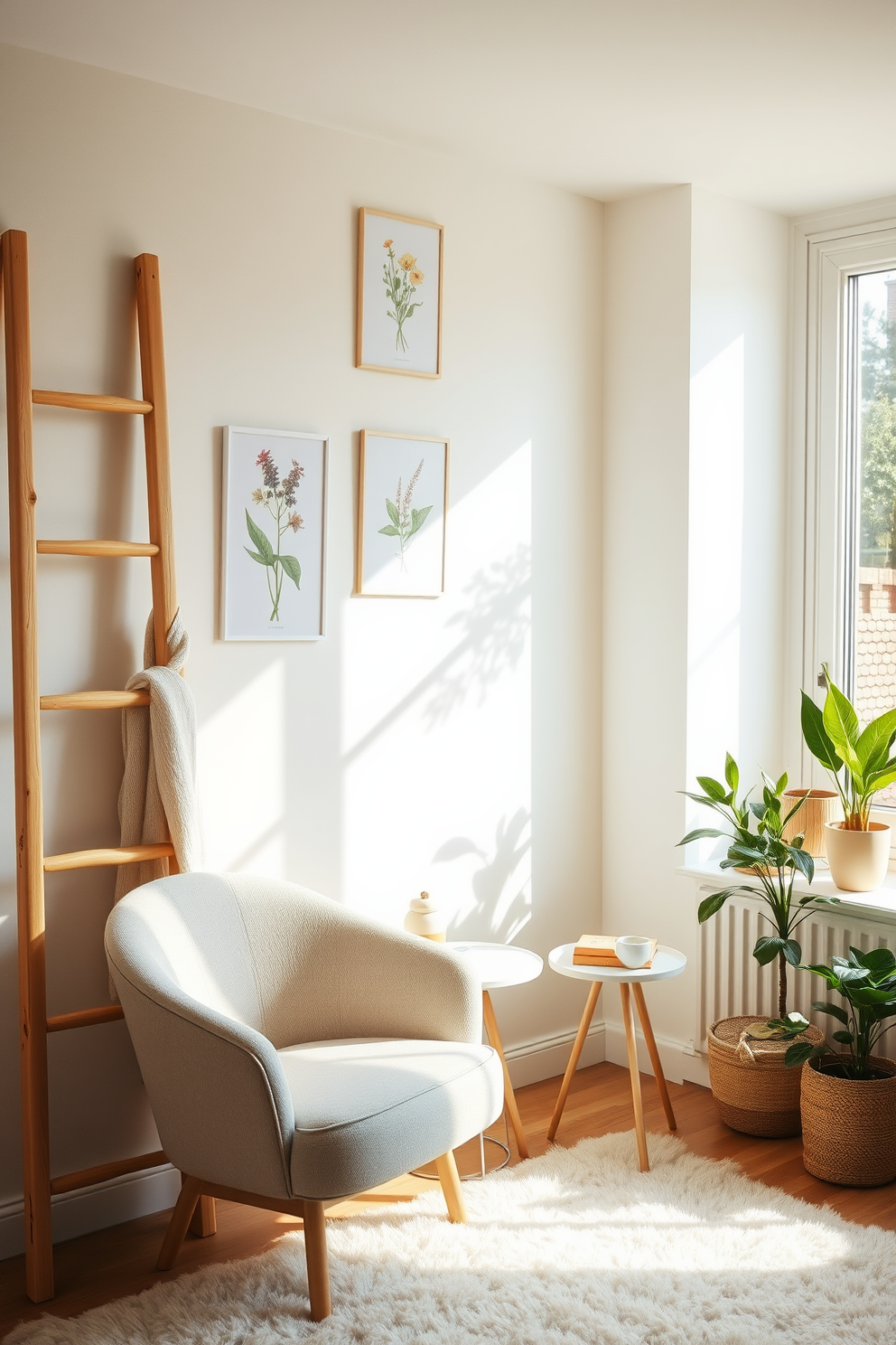 A cozy blanket ladder made of natural wood leans against a soft pastel wall adorned with botanical prints. Nearby, a plush armchair in a light fabric is paired with a small side table holding a steaming cup of tea and a stack of books. In the corner, a large window lets in warm sunlight, illuminating a collection of potted plants that add a touch of greenery. A fluffy area rug anchors the space, inviting relaxation and comfort for spring reading.