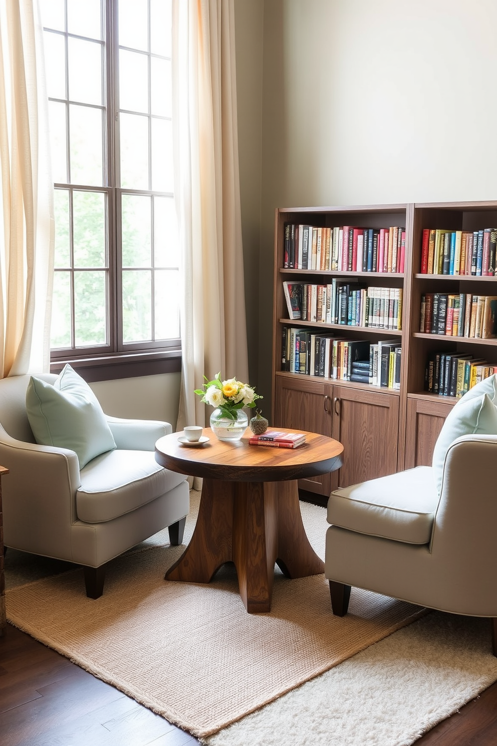 A cozy reading nook features a small round coffee table made of reclaimed wood. Surrounding the table are plush armchairs upholstered in soft pastel fabrics, creating an inviting atmosphere for drinks and snacks. Natural light floods the space through a large window adorned with sheer curtains. A collection of colorful books is neatly arranged on a nearby shelf, enhancing the charm of this spring-inspired retreat.