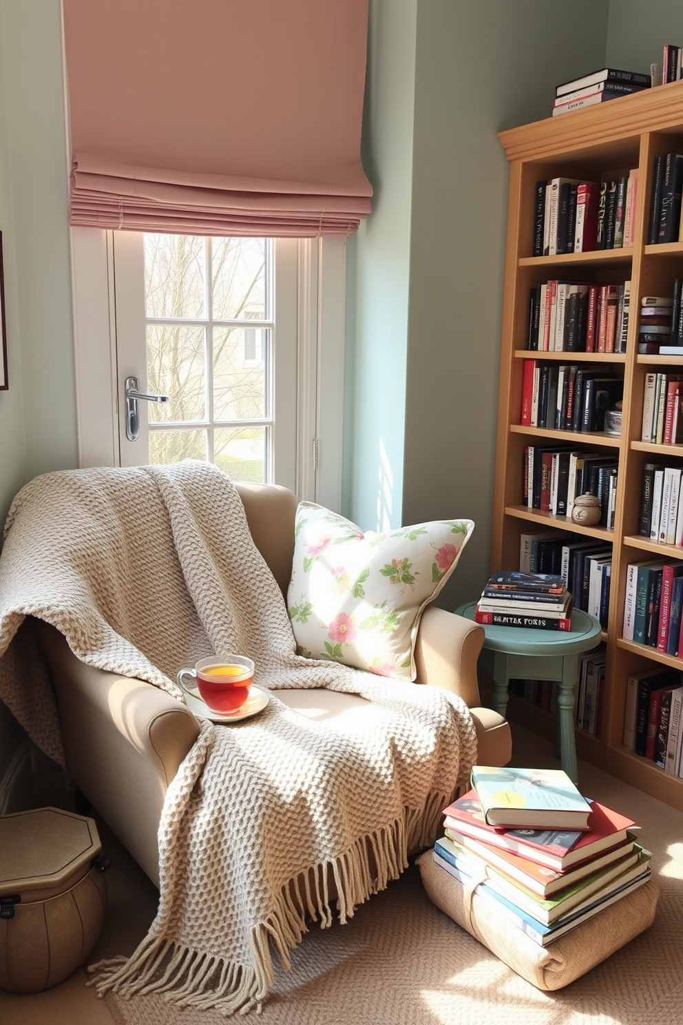 A cozy reading nook adorned with a textured throw blanket draped over a plush armchair. The nook features a small side table with a steaming cup of tea and a stack of colorful books next to a sunny window. Soft pastel colors dominate the space, with floral-patterned cushions adding a touch of spring. A nearby bookshelf is filled with well-loved novels, creating an inviting atmosphere perfect for relaxation.