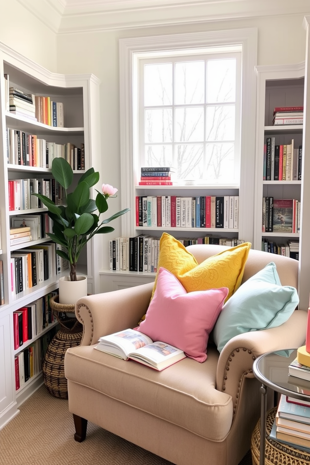 Bright pastel pillows add a touch of comfort and style to a cozy reading nook. The space features a plush armchair surrounded by shelves filled with books, creating an inviting atmosphere for springtime reading.