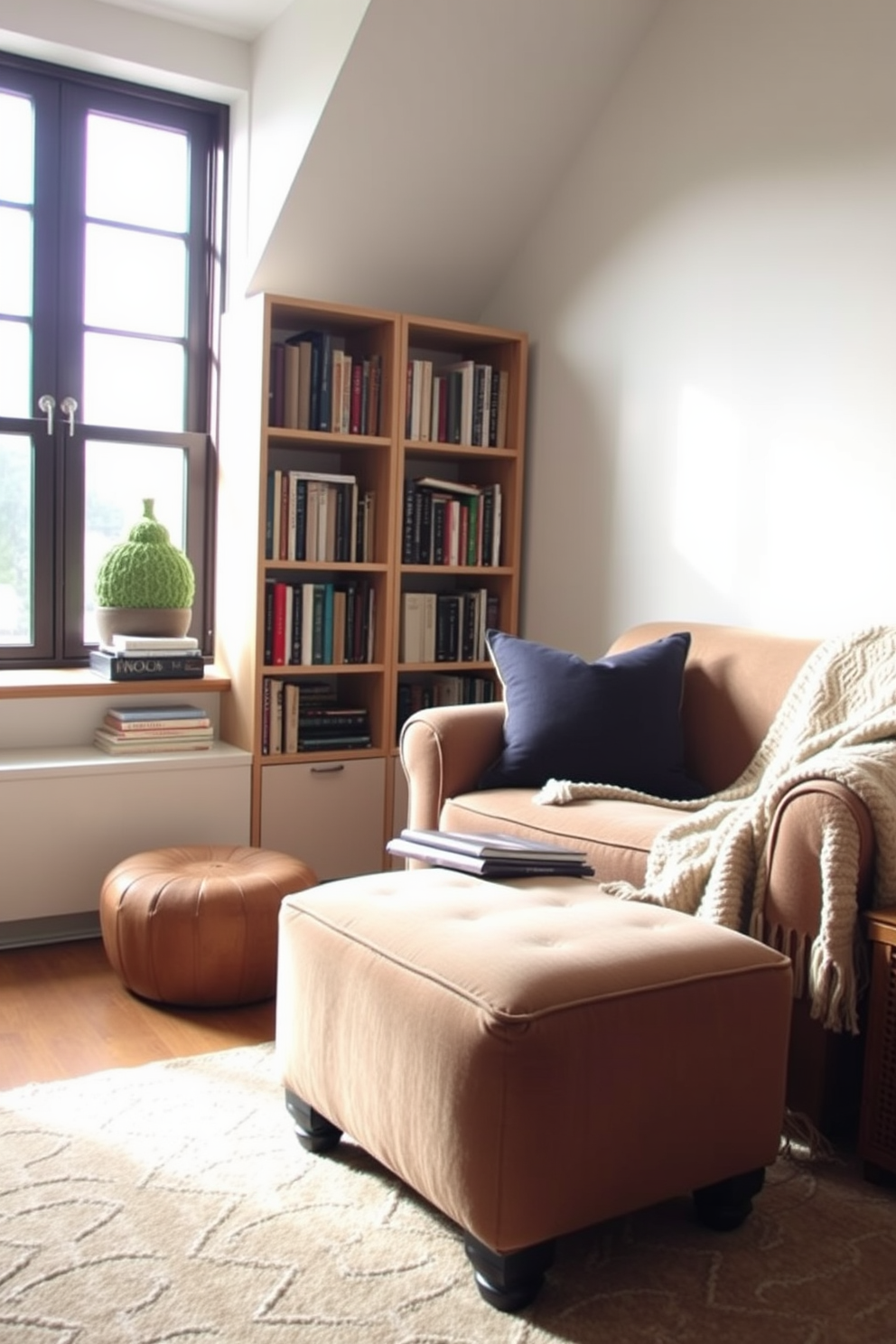A cozy reading nook featuring a plush ottoman that serves as a comfortable footrest. Soft, natural light filters through a nearby window, illuminating a well-stocked bookshelf and a comfy armchair draped with a knit blanket.
