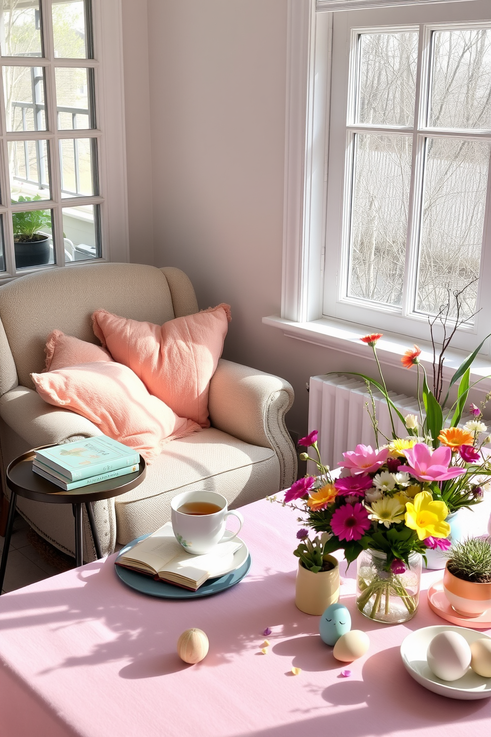 A cozy reading nook filled with natural light. There are plush cushions in pastel colors arranged on a comfortable armchair, with a small side table holding a stack of spring-themed books and a steaming cup of tea. Fresh seasonal decor featuring vibrant floral arrangements. A beautifully set table showcases a pastel tablecloth, accompanied by colorful dinnerware and decorative elements like small potted plants and hand-painted eggs.