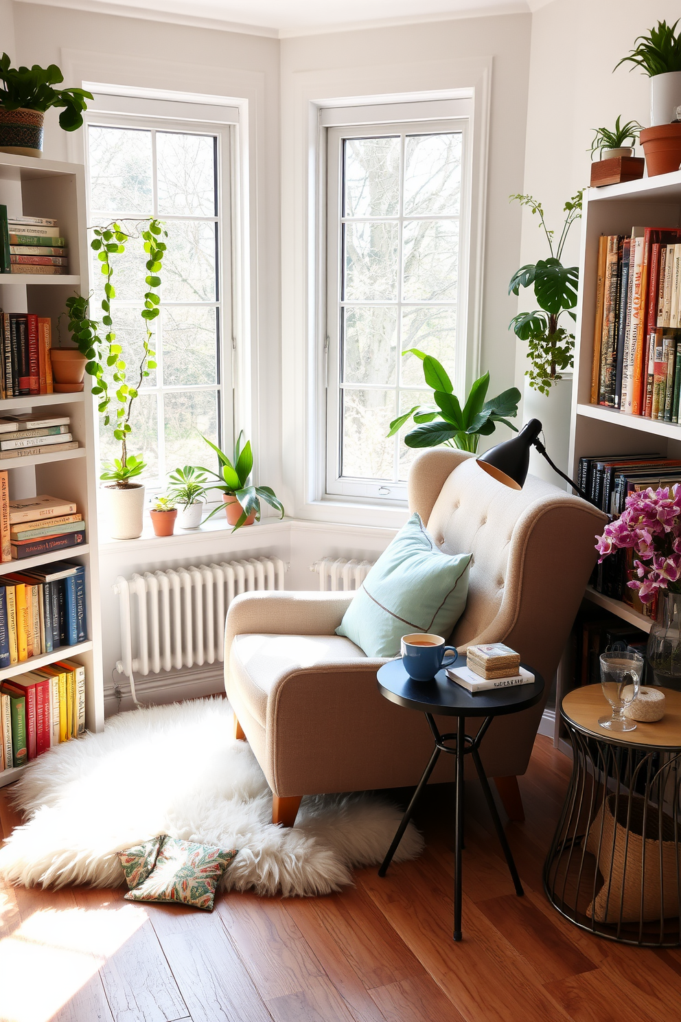 A cozy reading nook filled with natural light. A soft faux fur rug lies beneath a plush armchair, inviting you to sink in with a good book. Surrounding the nook are shelves filled with colorful books and decorative plants. A small side table holds a steaming cup of tea and a stylish lamp, creating a perfect ambiance for spring.