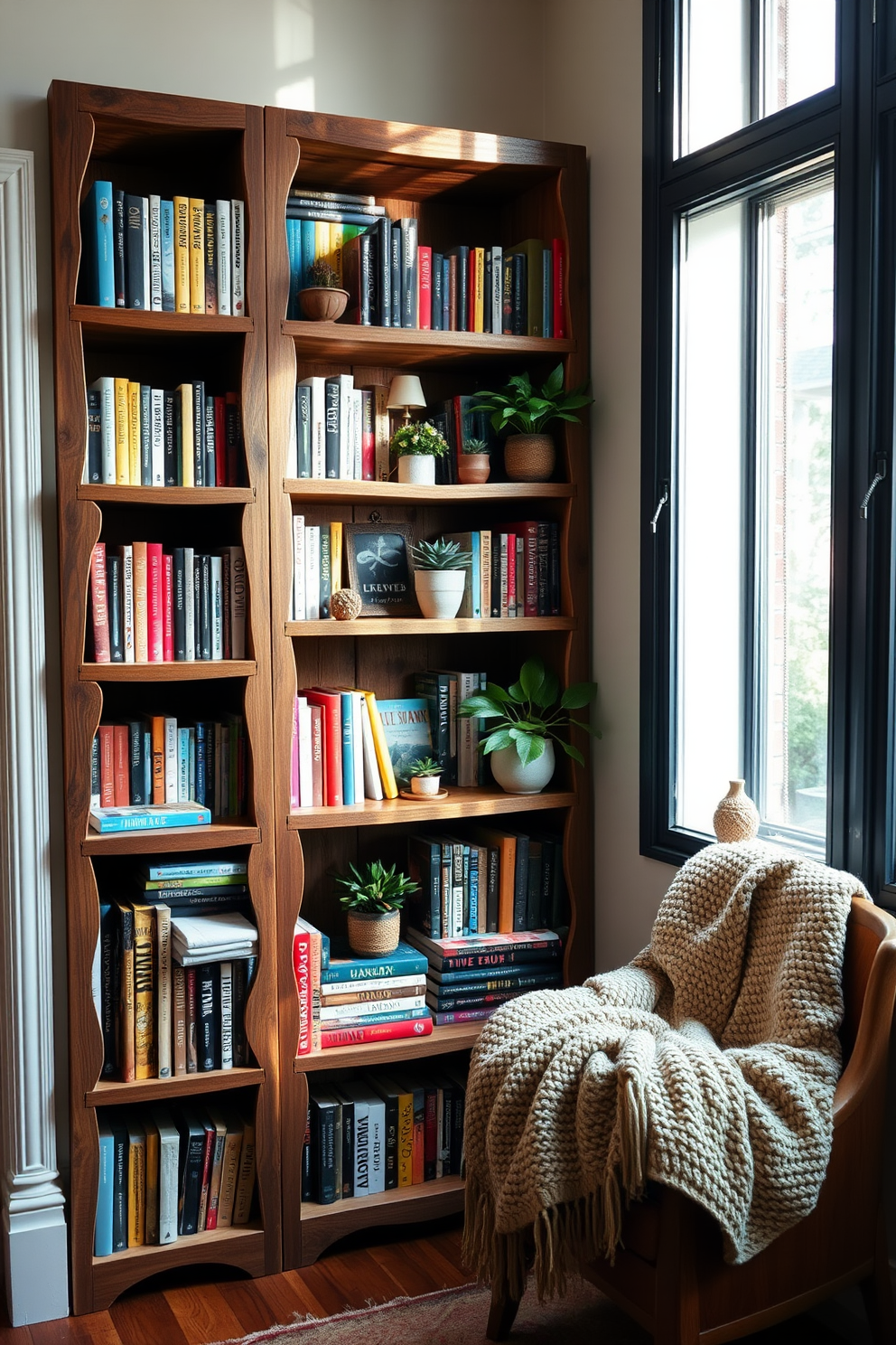 A charming bookshelf filled with an array of colorful books creates a cozy atmosphere. Soft, natural light filters through a nearby window, illuminating a comfortable reading chair draped with a knitted throw. The bookshelf is made of reclaimed wood, featuring unique shelves of varying heights. Potted plants and decorative items are artfully arranged among the books to add personality and warmth.